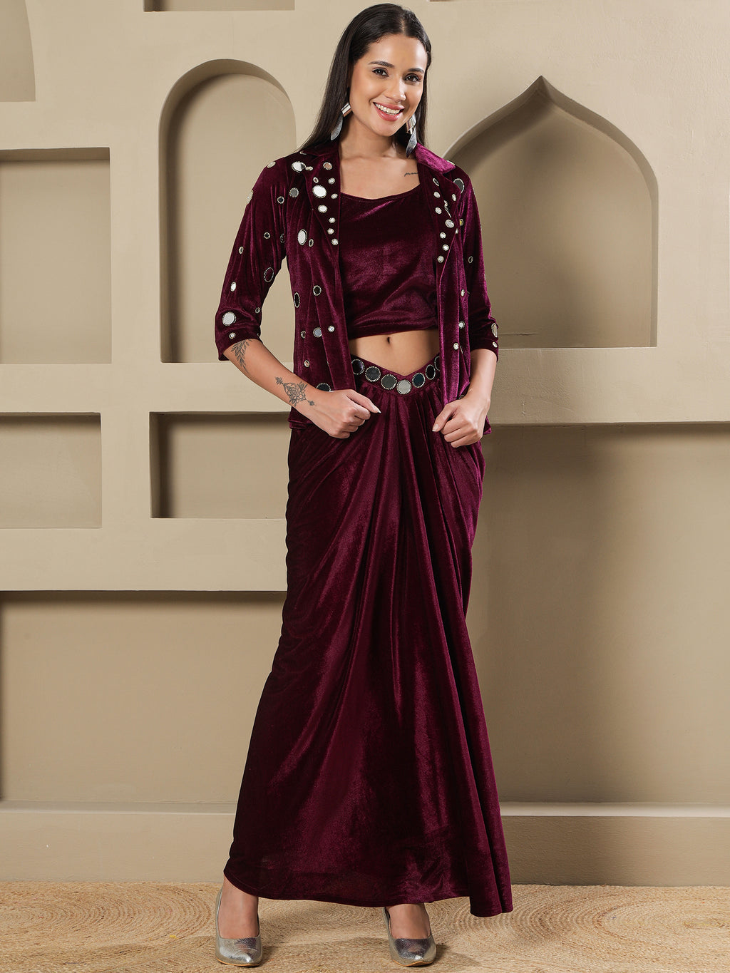 Women WINE 3 PCS SKIRT JACKET SET WITH MIRROR WORK