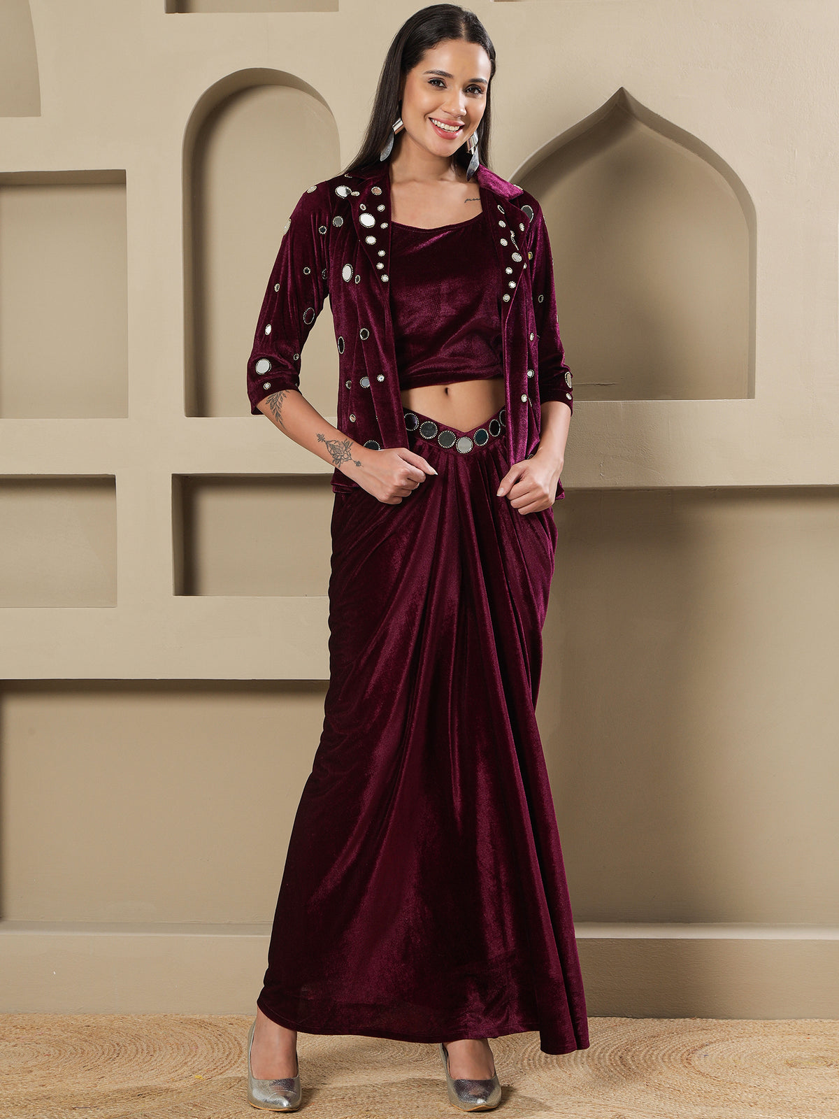 Women WINE 3 PCS SKIRT JACKET SET WITH MIRROR WORK