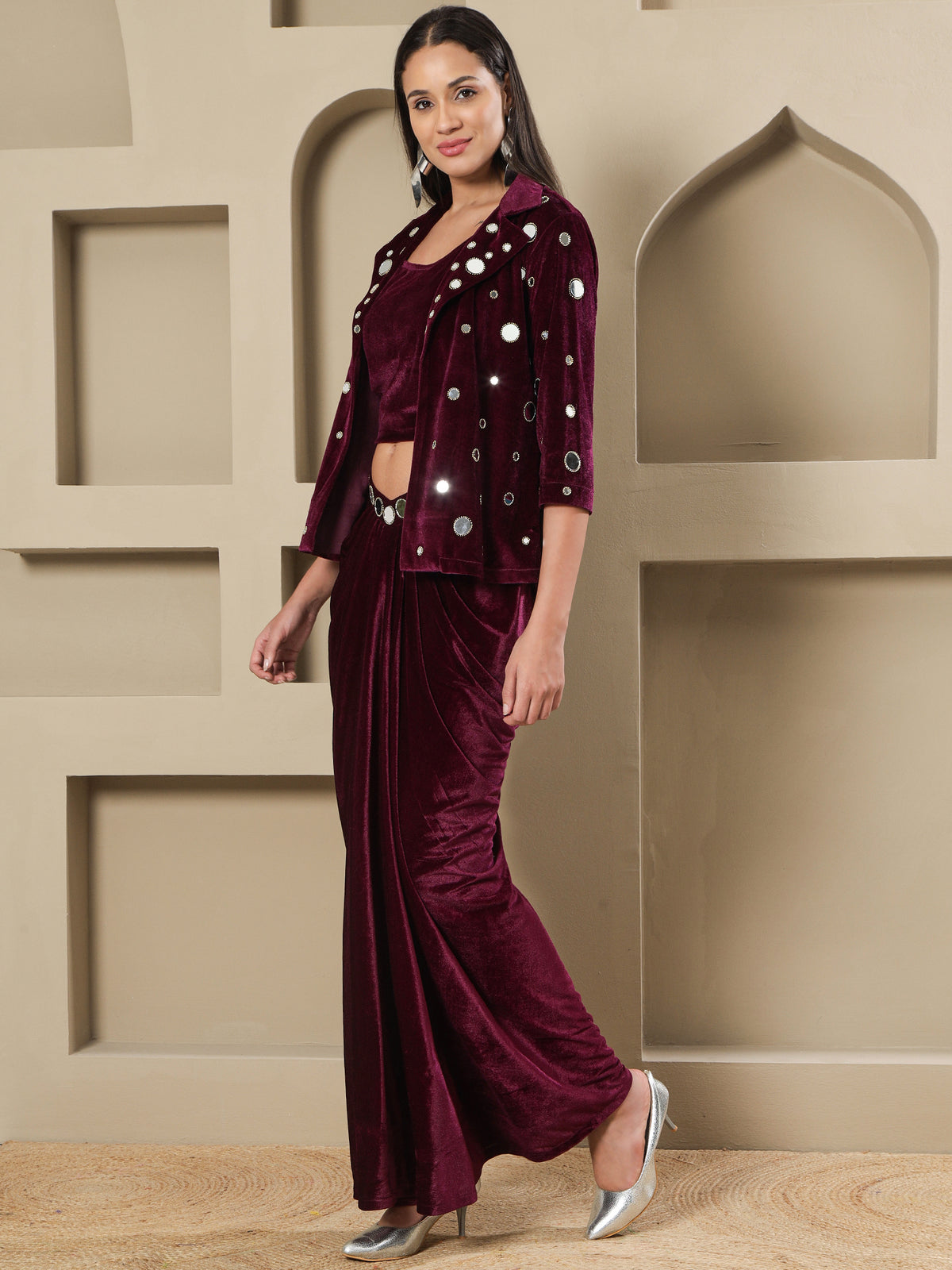 Women WINE 3 PCS SKIRT JACKET SET WITH MIRROR WORK