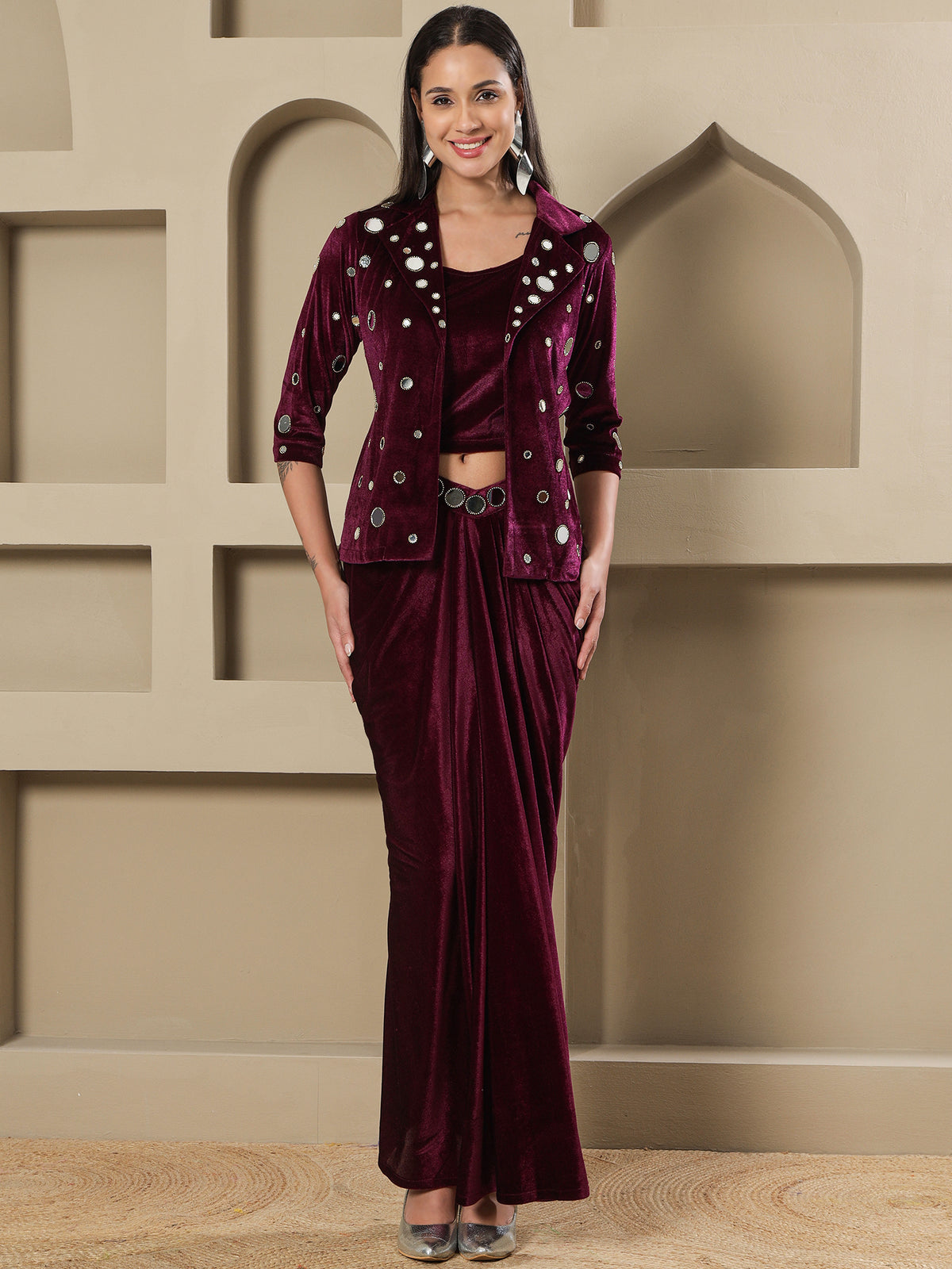 Women WINE 3 PCS SKIRT JACKET SET WITH MIRROR WORK