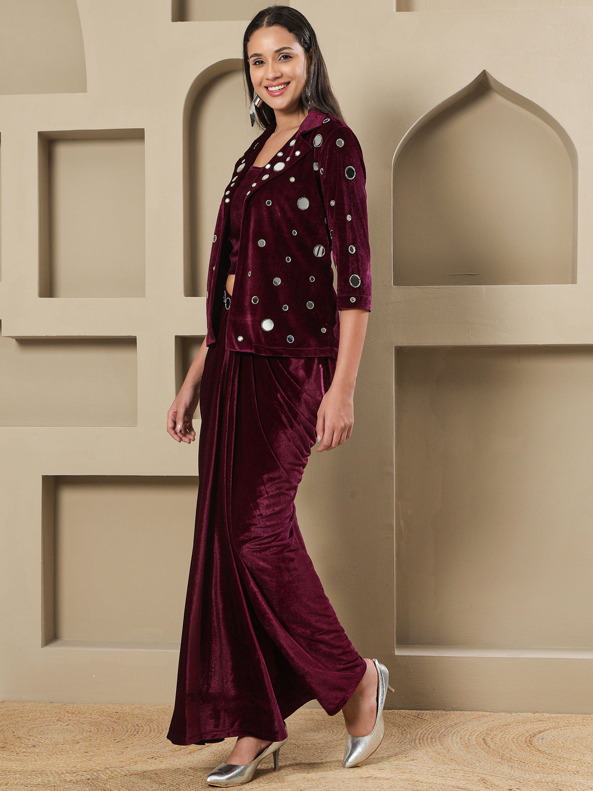 Women WINE 3 PCS SKIRT JACKET SET WITH MIRROR WORK