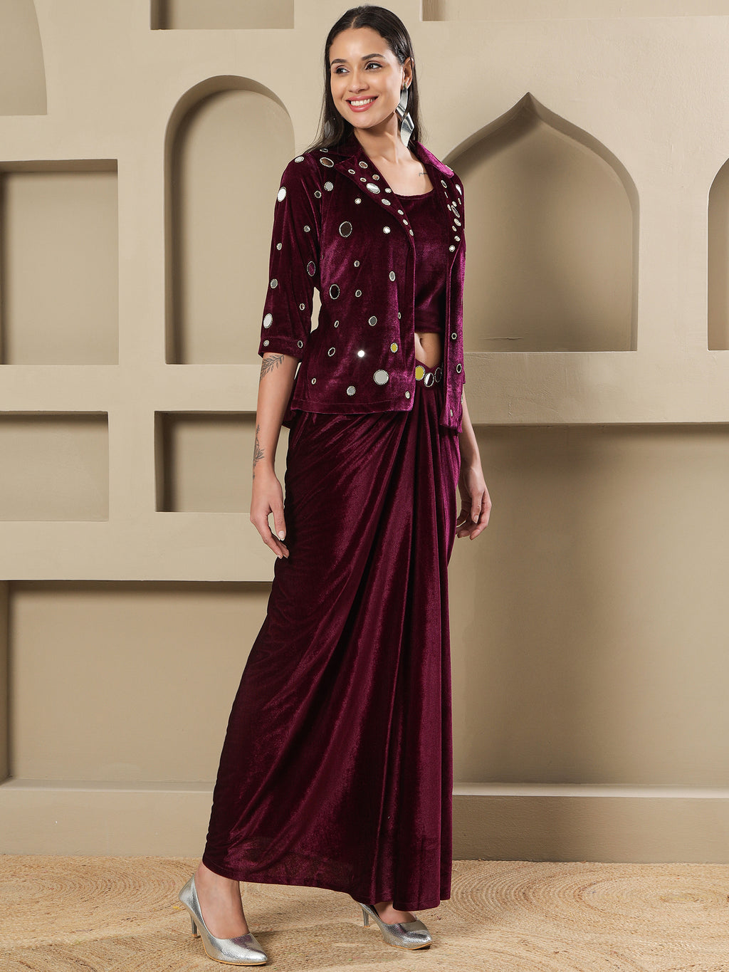 Women WINE 3 PCS SKIRT JACKET SET WITH MIRROR WORK