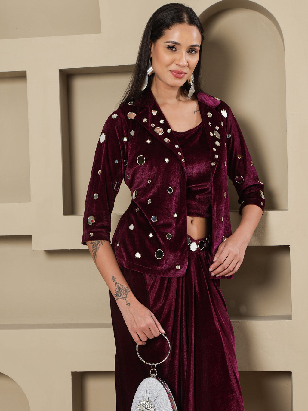 Women WINE 3 PCS SKIRT JACKET SET WITH MIRROR WORK