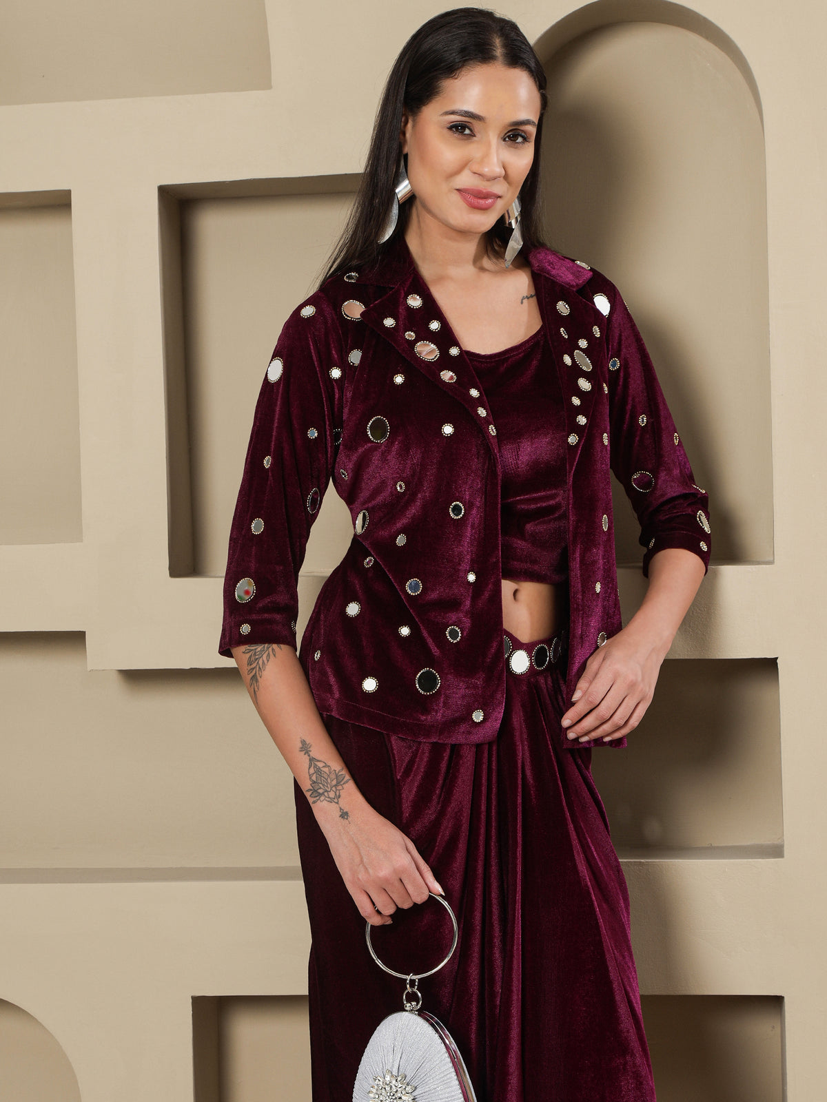 Women WINE 3 PCS SKIRT JACKET SET WITH MIRROR WORK