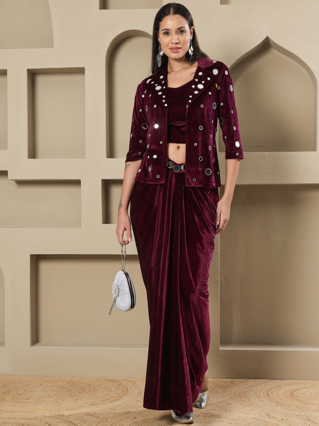 Women WINE 3 PCS SKIRT JACKET SET WITH MIRROR WORK