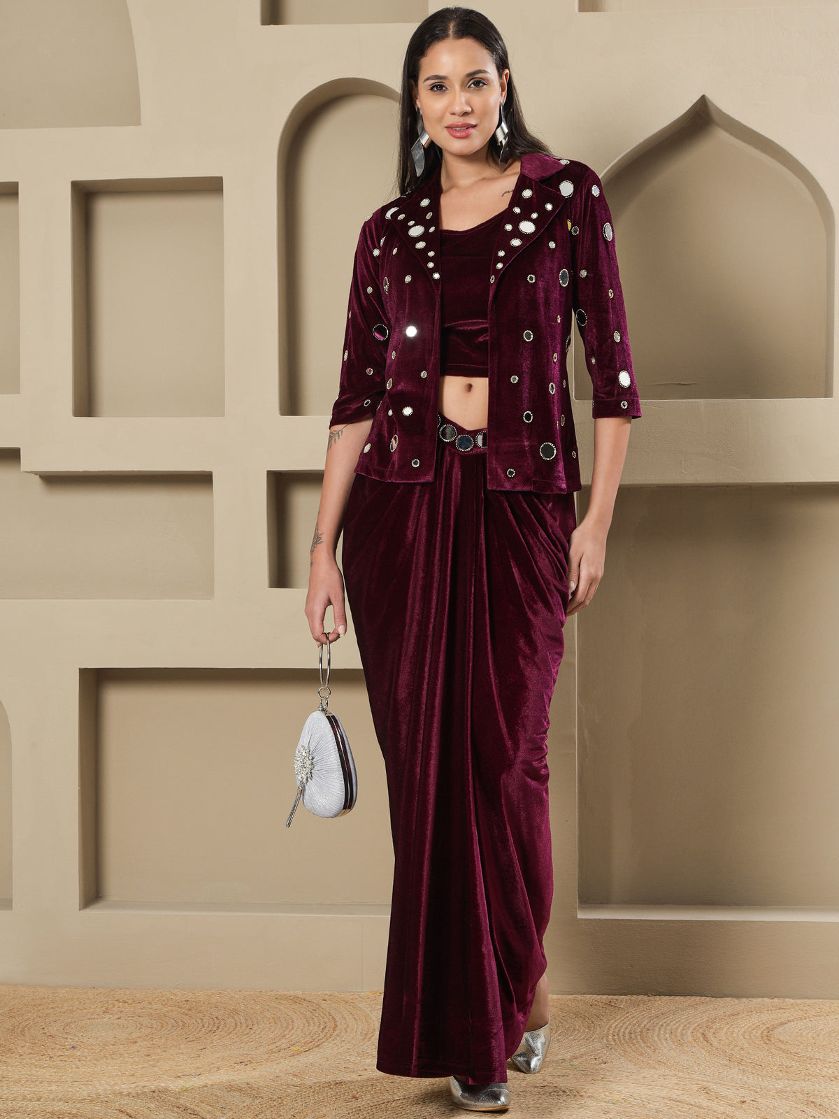 Women WINE 3 PCS SKIRT JACKET SET WITH MIRROR WORK