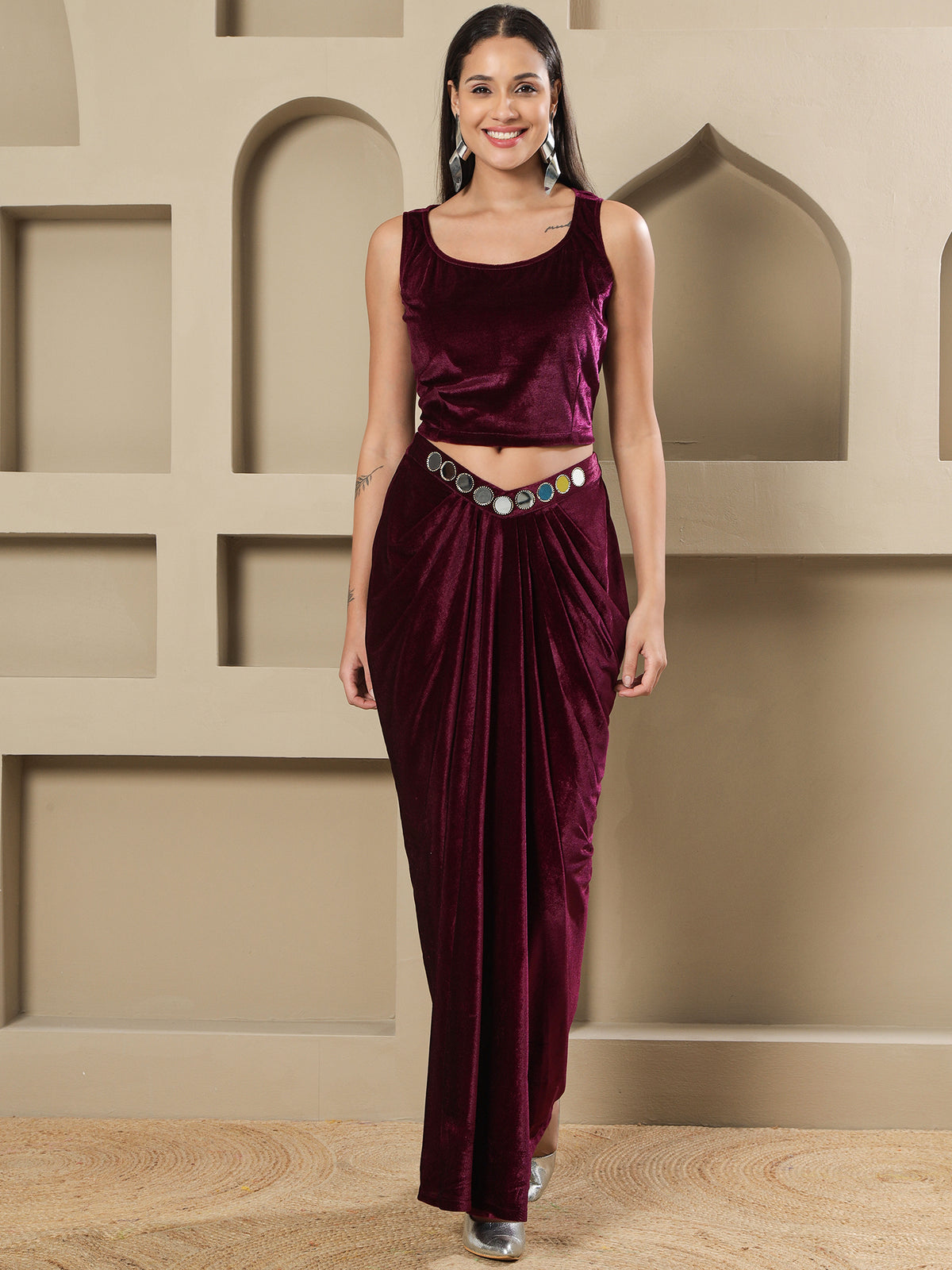 Women WINE 3 PCS SKIRT JACKET SET WITH MIRROR WORK