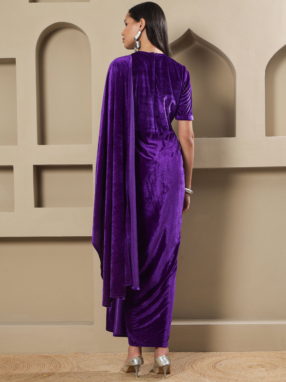 Women PURPLE VELVET HAND EMBELLISHED DRAPE GOWN