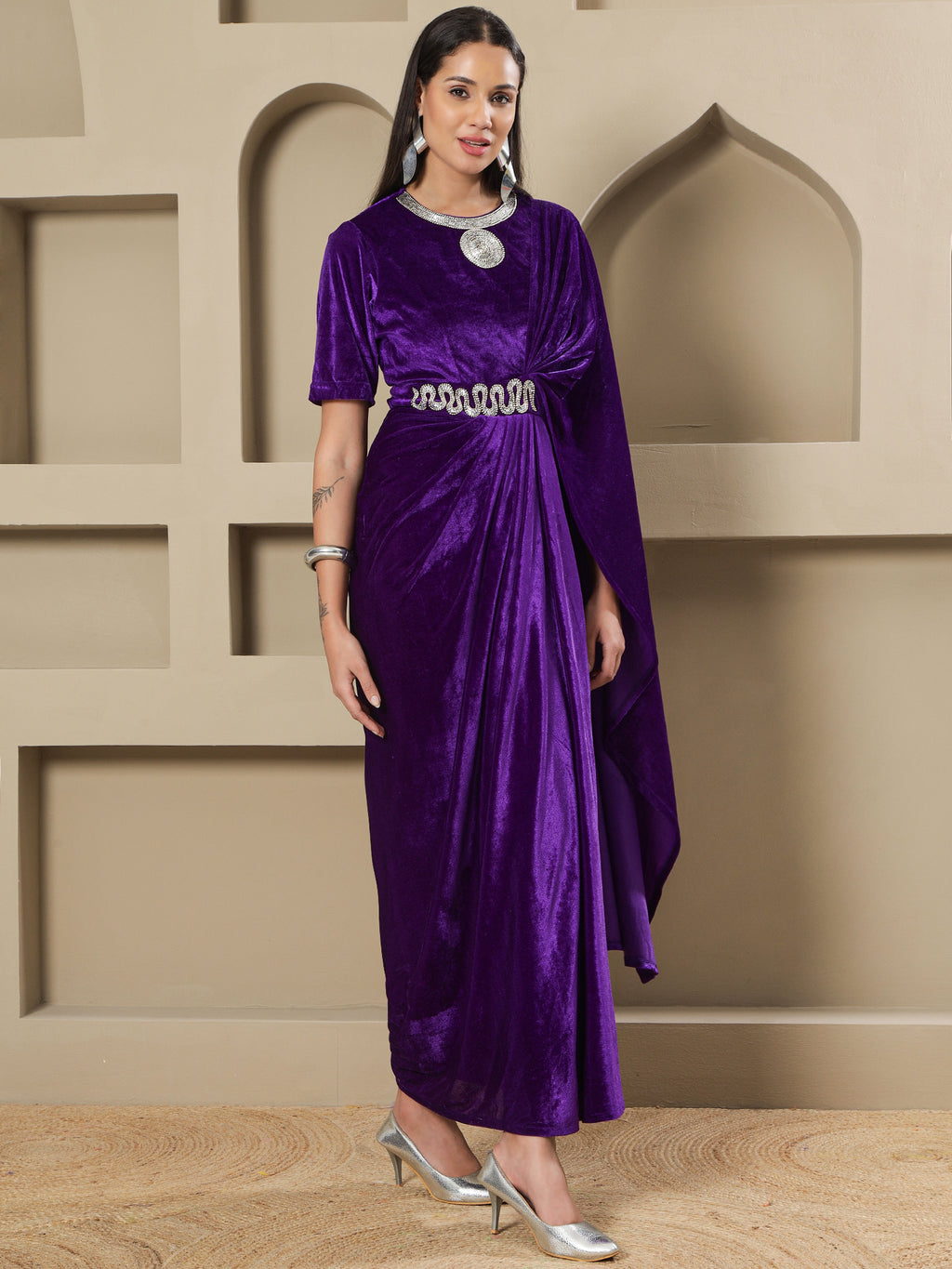 Women PURPLE VELVET HAND EMBELLISHED DRAPE GOWN