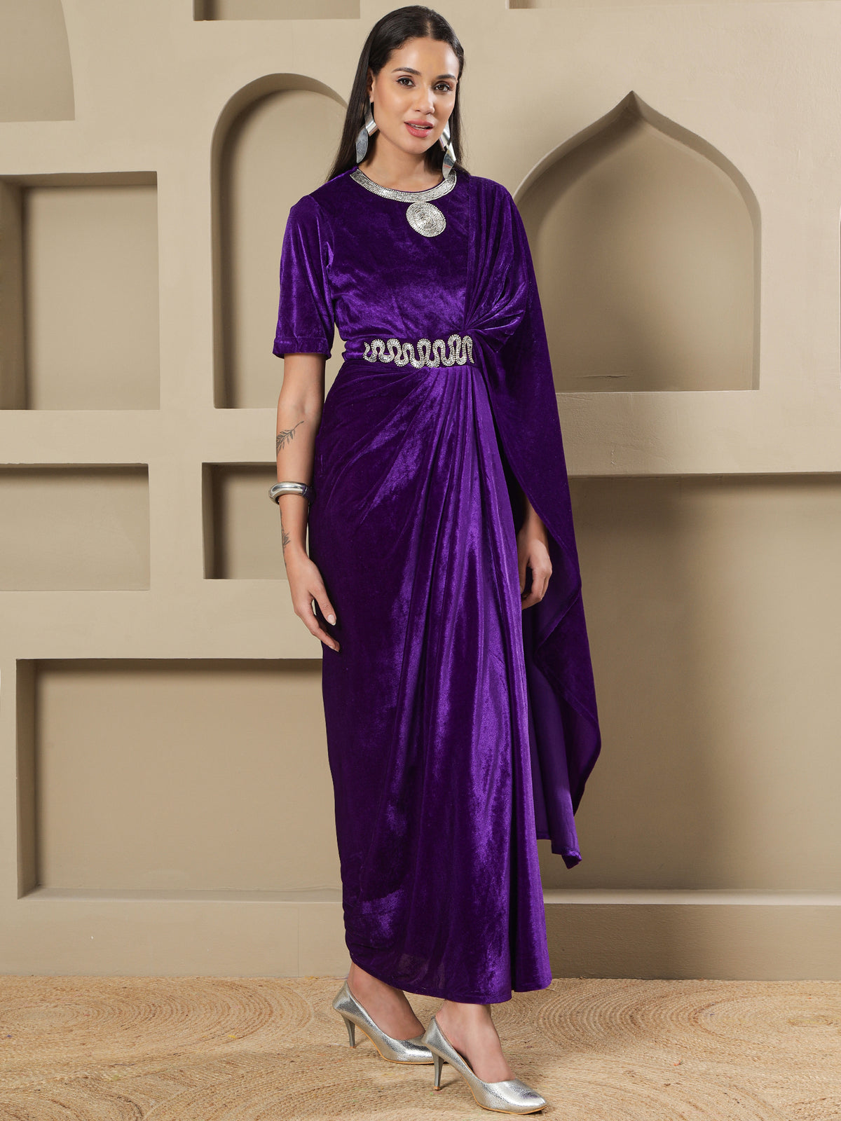 Women PURPLE VELVET HAND EMBELLISHED DRAPE GOWN