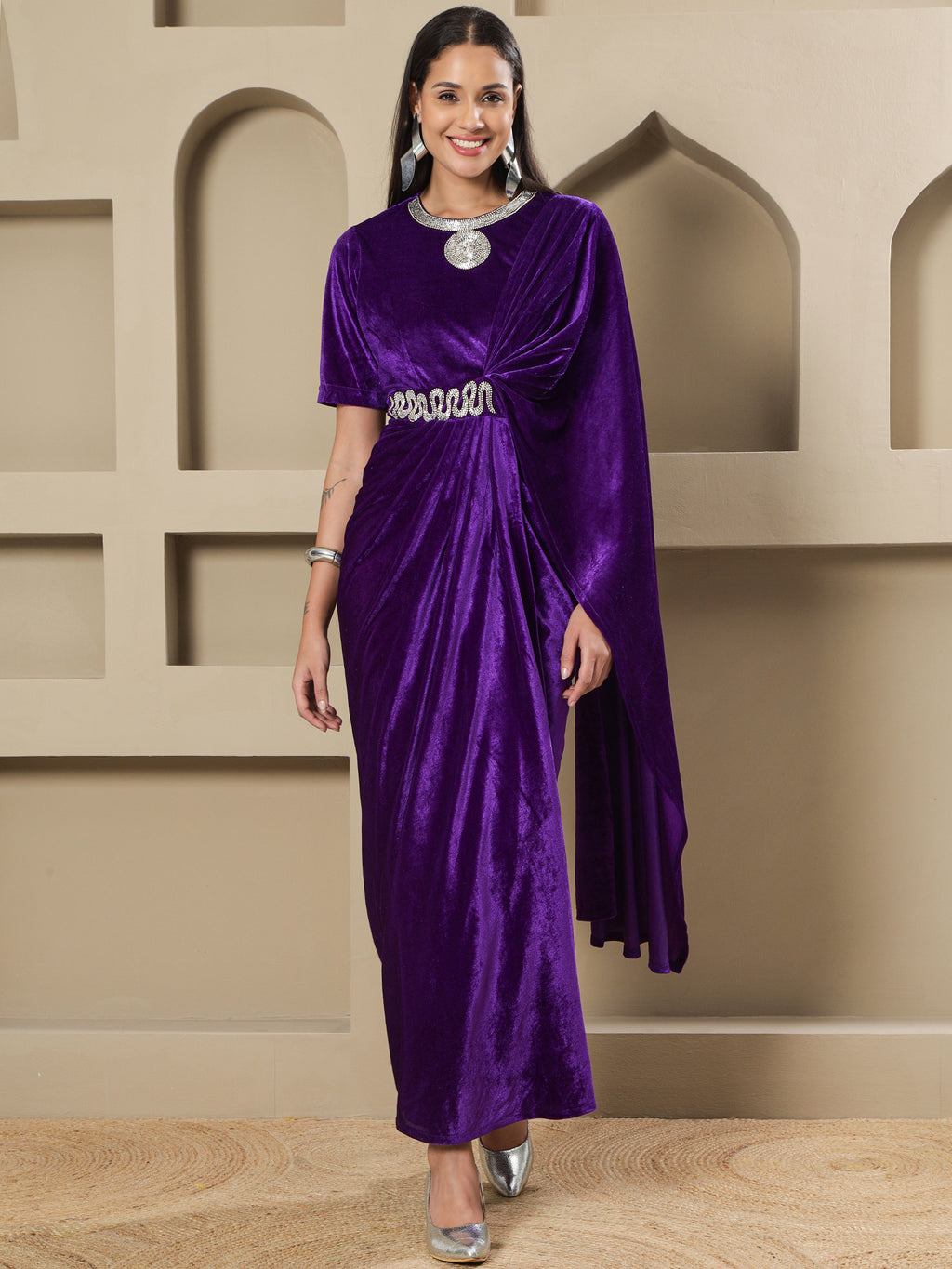 Women PURPLE VELVET HAND EMBELLISHED DRAPE GOWN