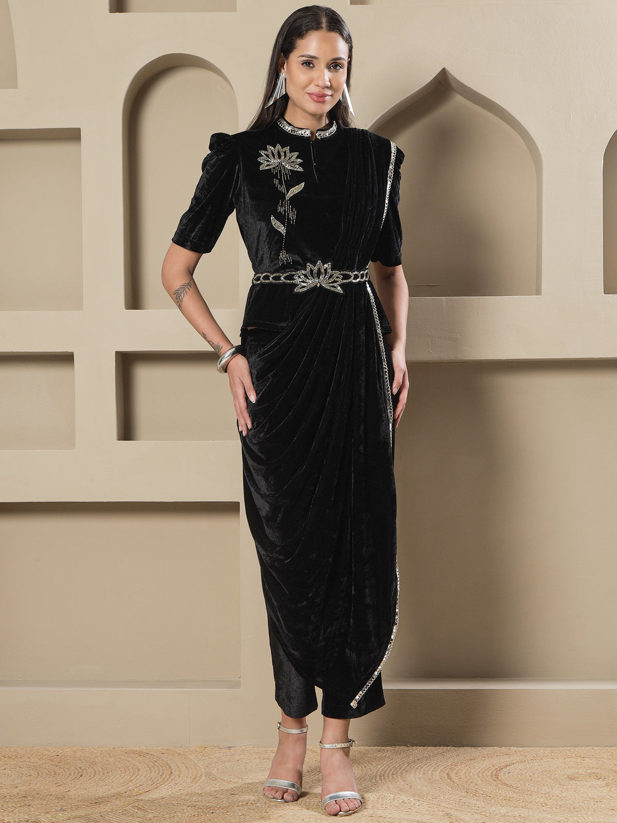 Women BLACK VELVET HAND EMBELLISHED TOP WITH PANT DRAPE AND BELT