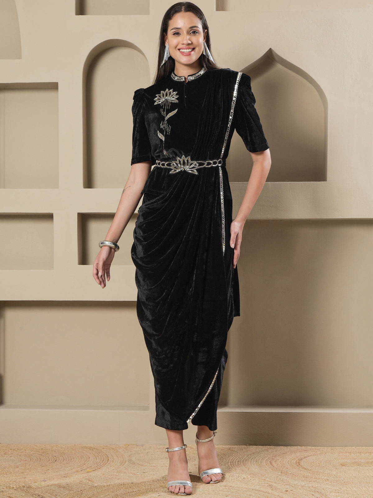 Women BLACK VELVET HAND EMBELLISHED TOP WITH PANT DRAPE AND BELT