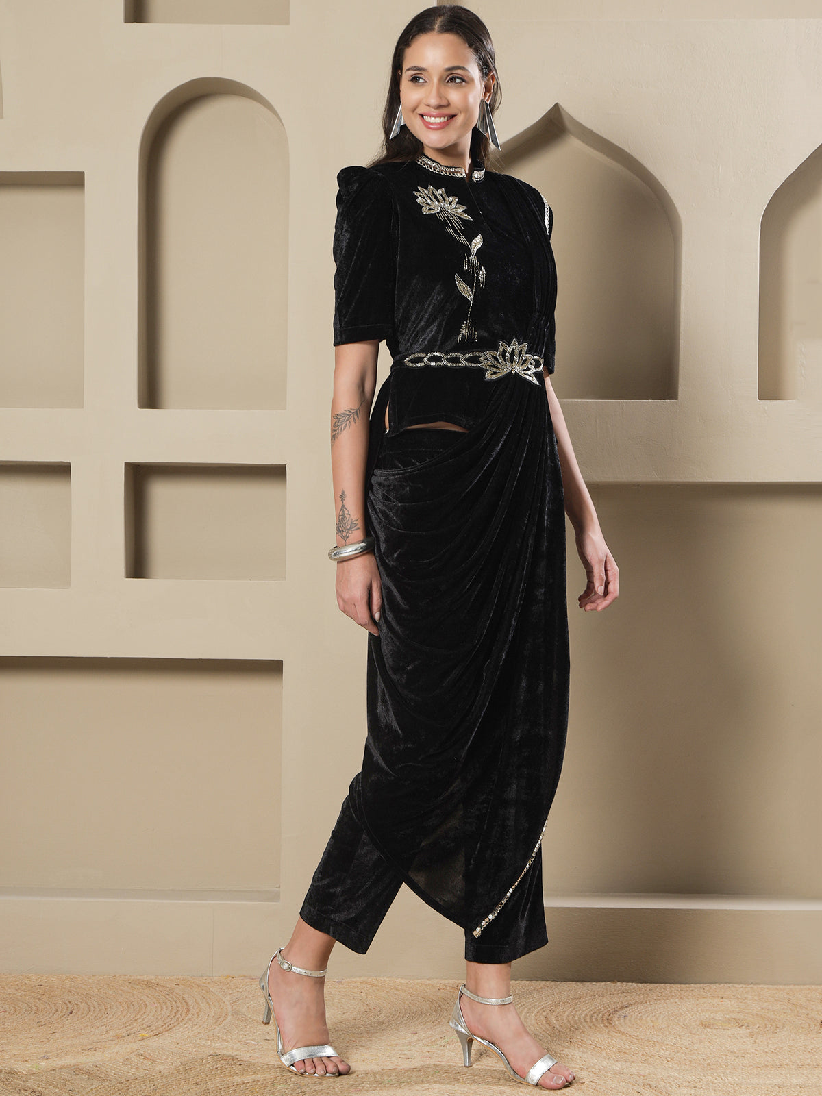 Women BLACK VELVET HAND EMBELLISHED TOP WITH PANT DRAPE AND BELT