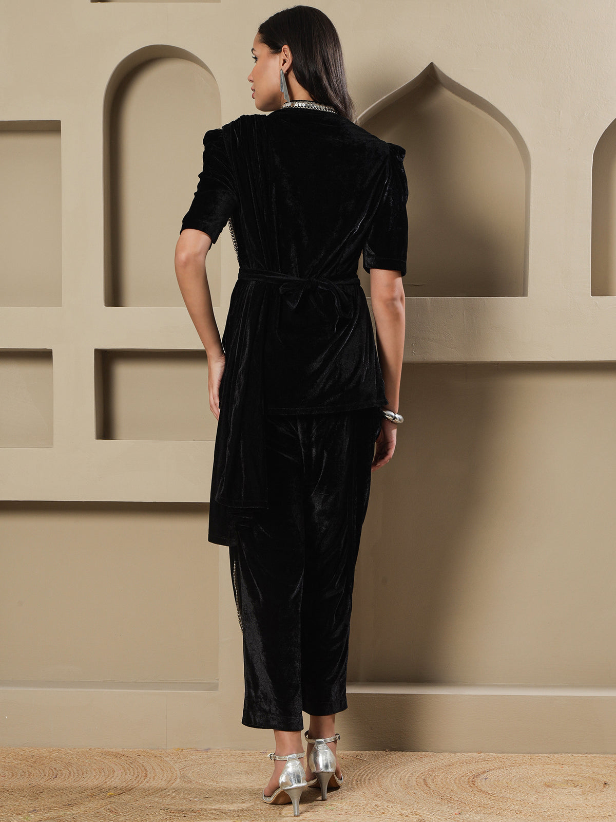Women BLACK VELVET HAND EMBELLISHED TOP WITH PANT DRAPE AND BELT