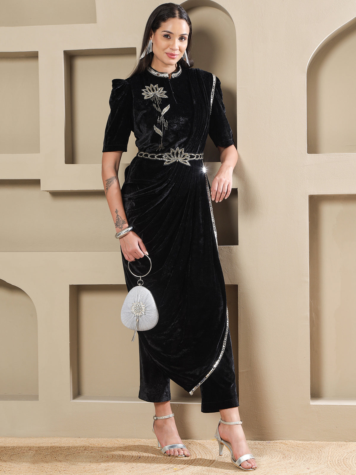 Women BLACK VELVET HAND EMBELLISHED TOP WITH PANT DRAPE AND BELT