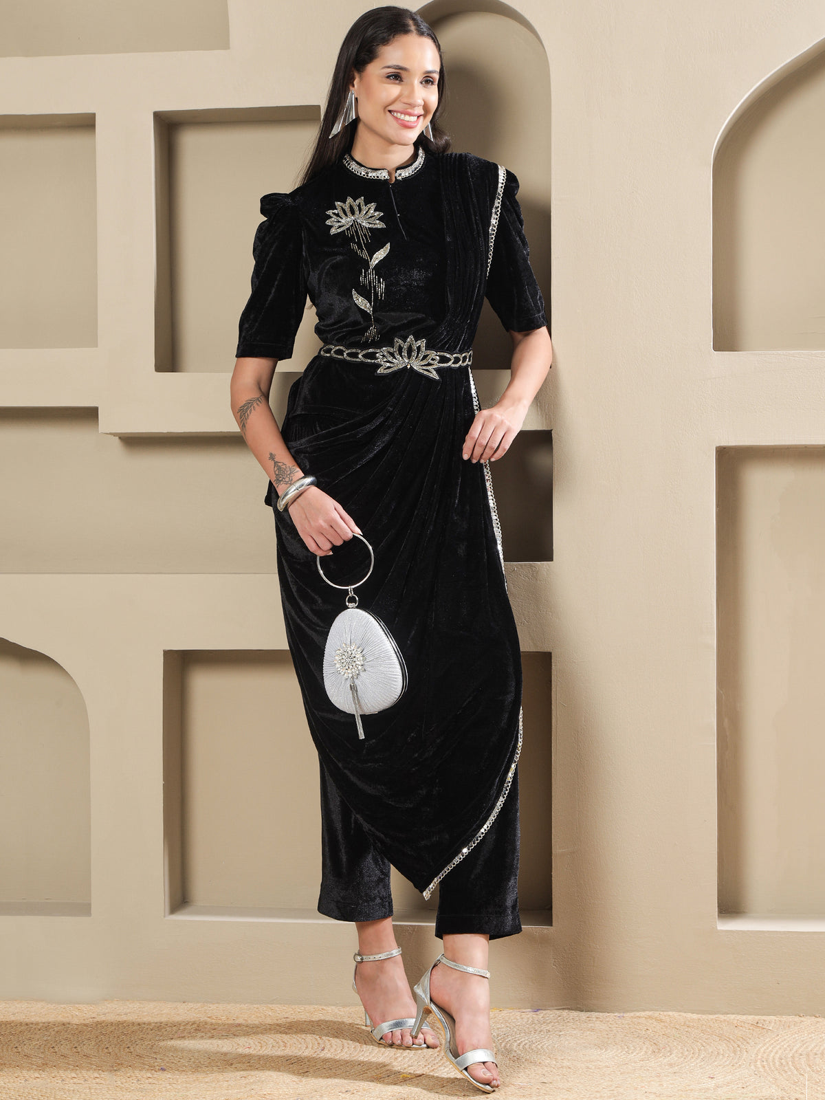 Women BLACK VELVET HAND EMBELLISHED TOP WITH PANT DRAPE AND BELT