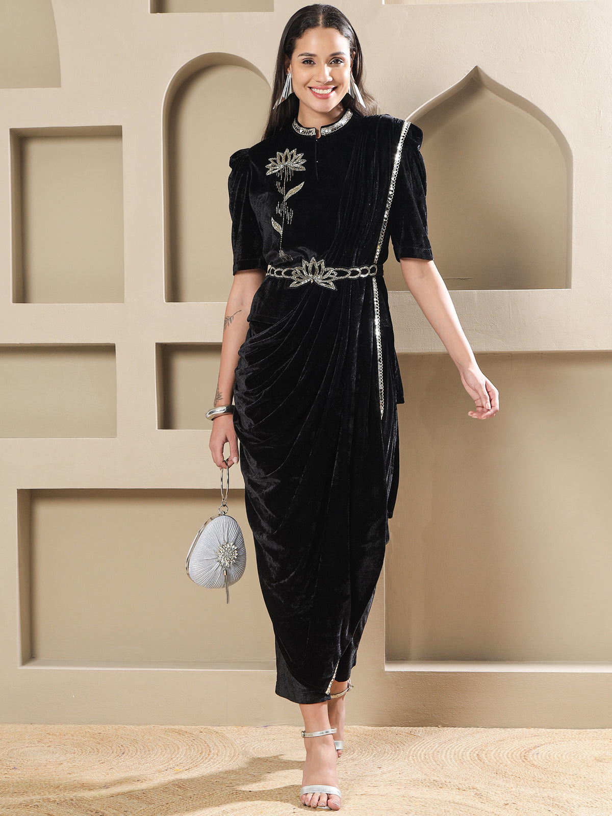 Women BLACK VELVET HAND EMBELLISHED TOP WITH PANT DRAPE AND BELT