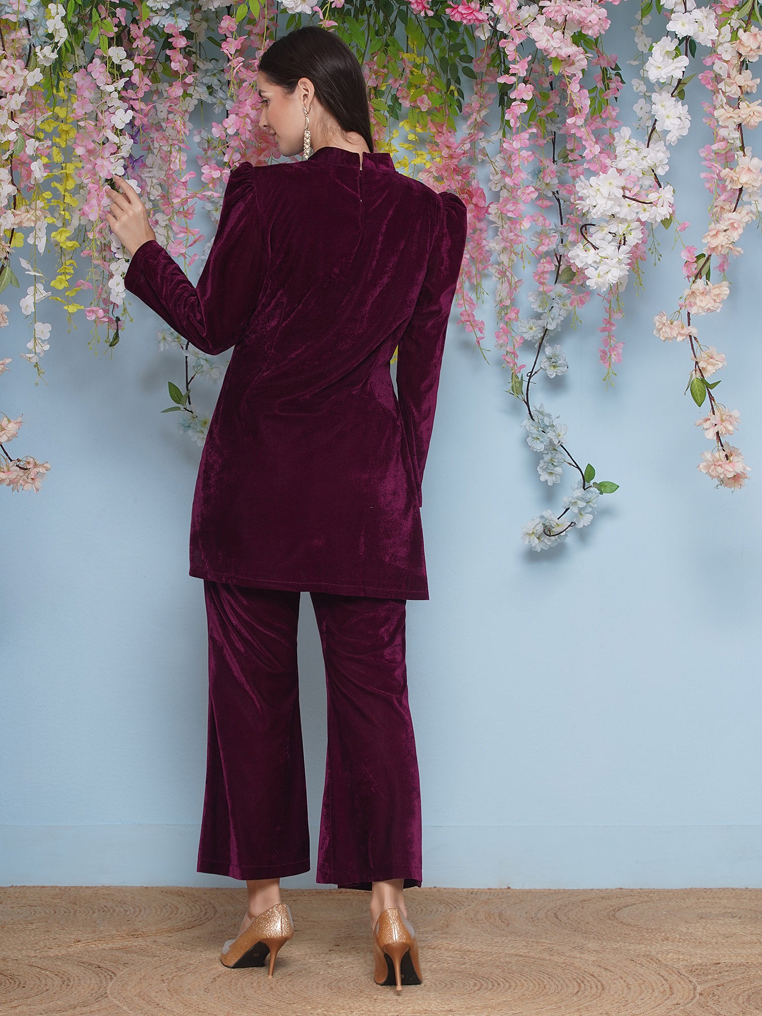 Women Wine Velvet Hand Embellished Coor Set