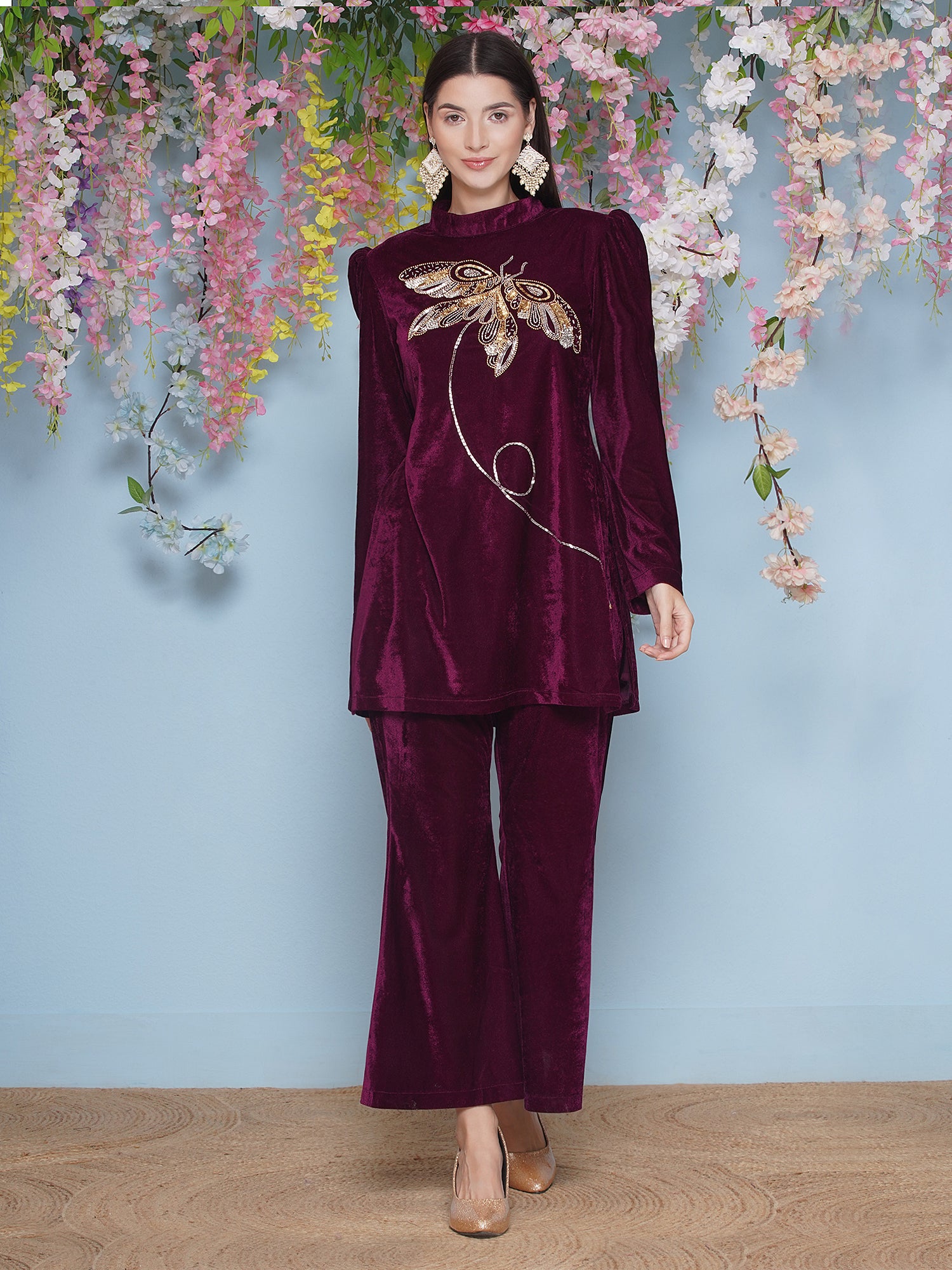 Women Wine Velvet Hand Embellished Coor Set