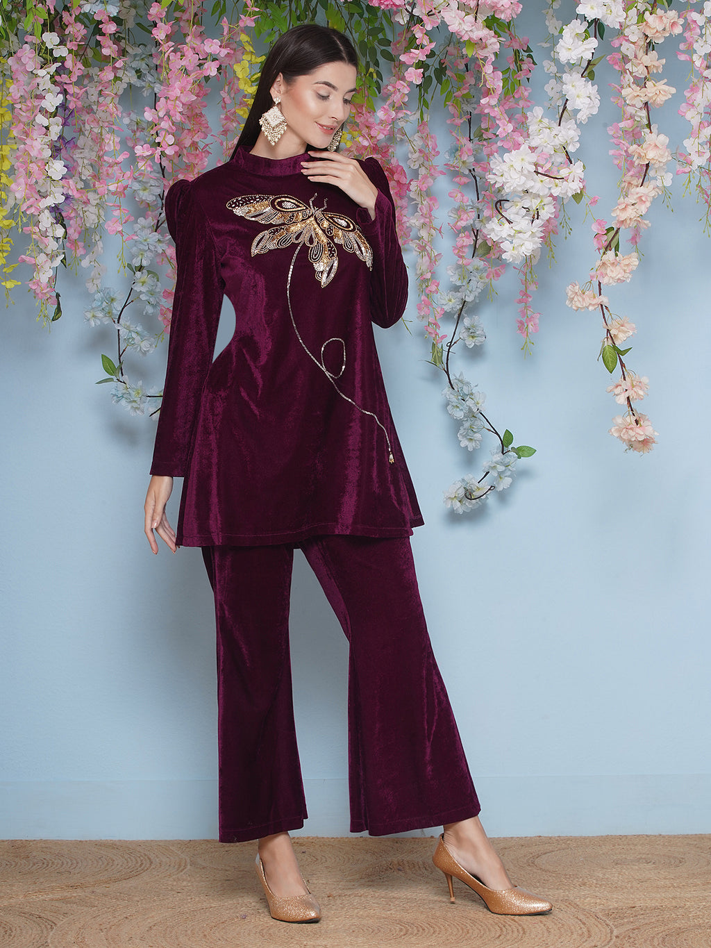 Women Wine Velvet Hand Embellished Coor Set