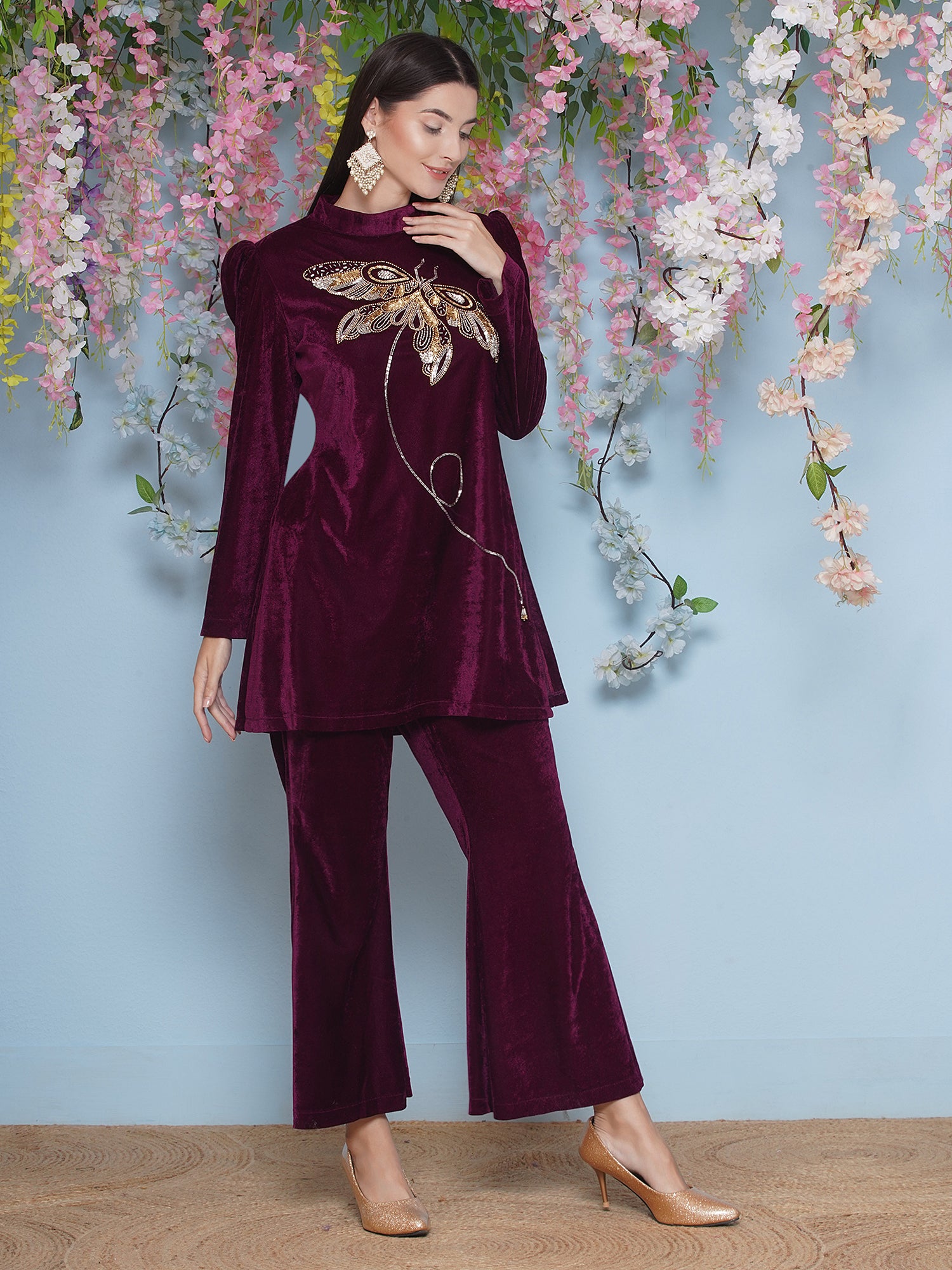 Women Wine Velvet Hand Embellished Coor Set