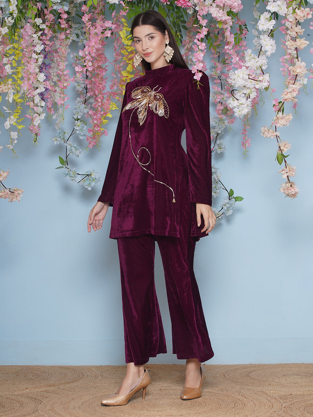 Women Wine Velvet Hand Embellished Coor Set