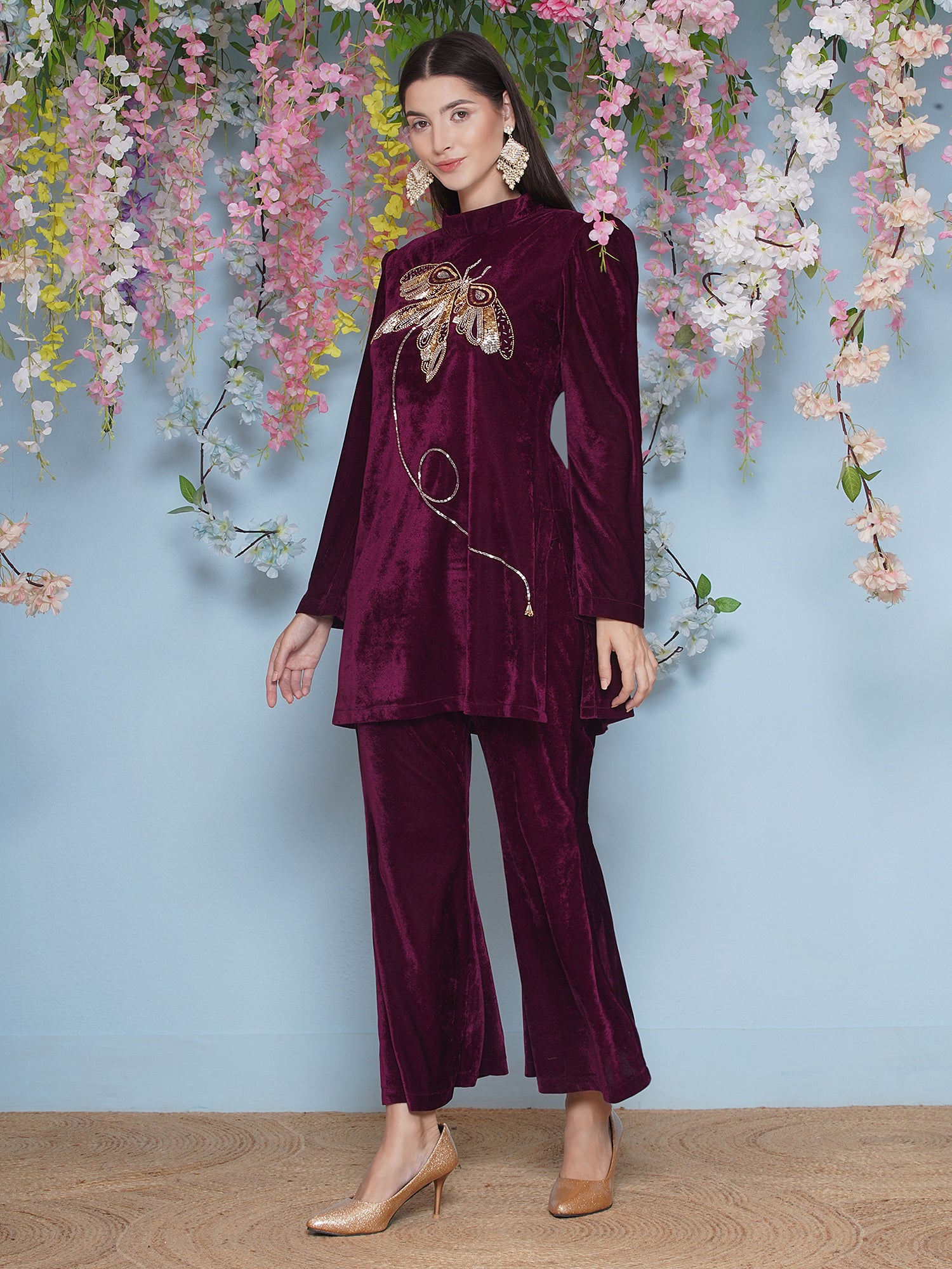 Women Wine Velvet Hand Embellished Coor Set