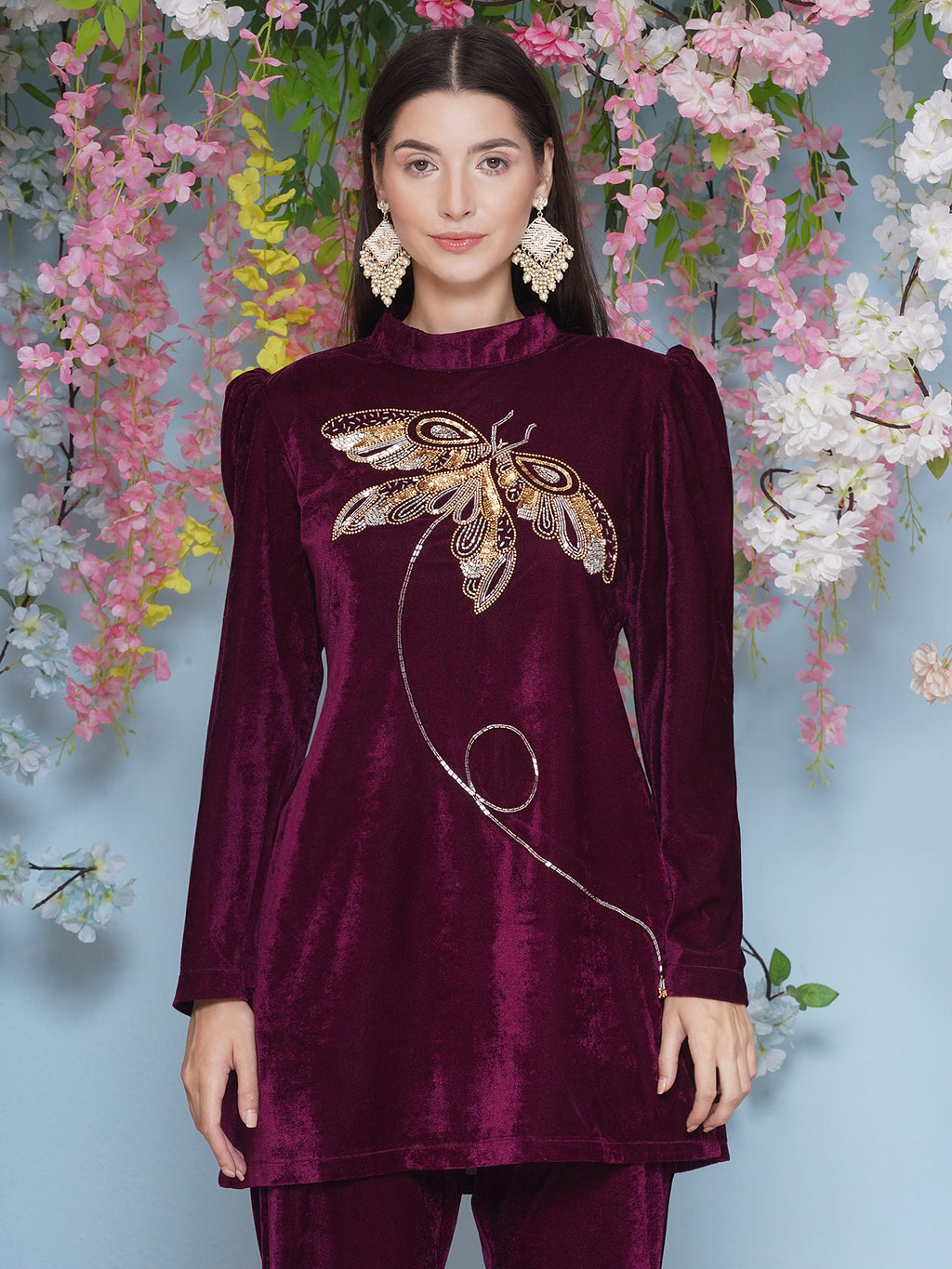 Women Wine Velvet Hand Embellished Coor Set