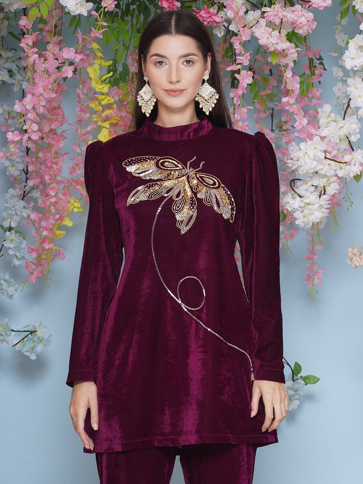 Women Wine Velvet Hand Embellished Coor Set