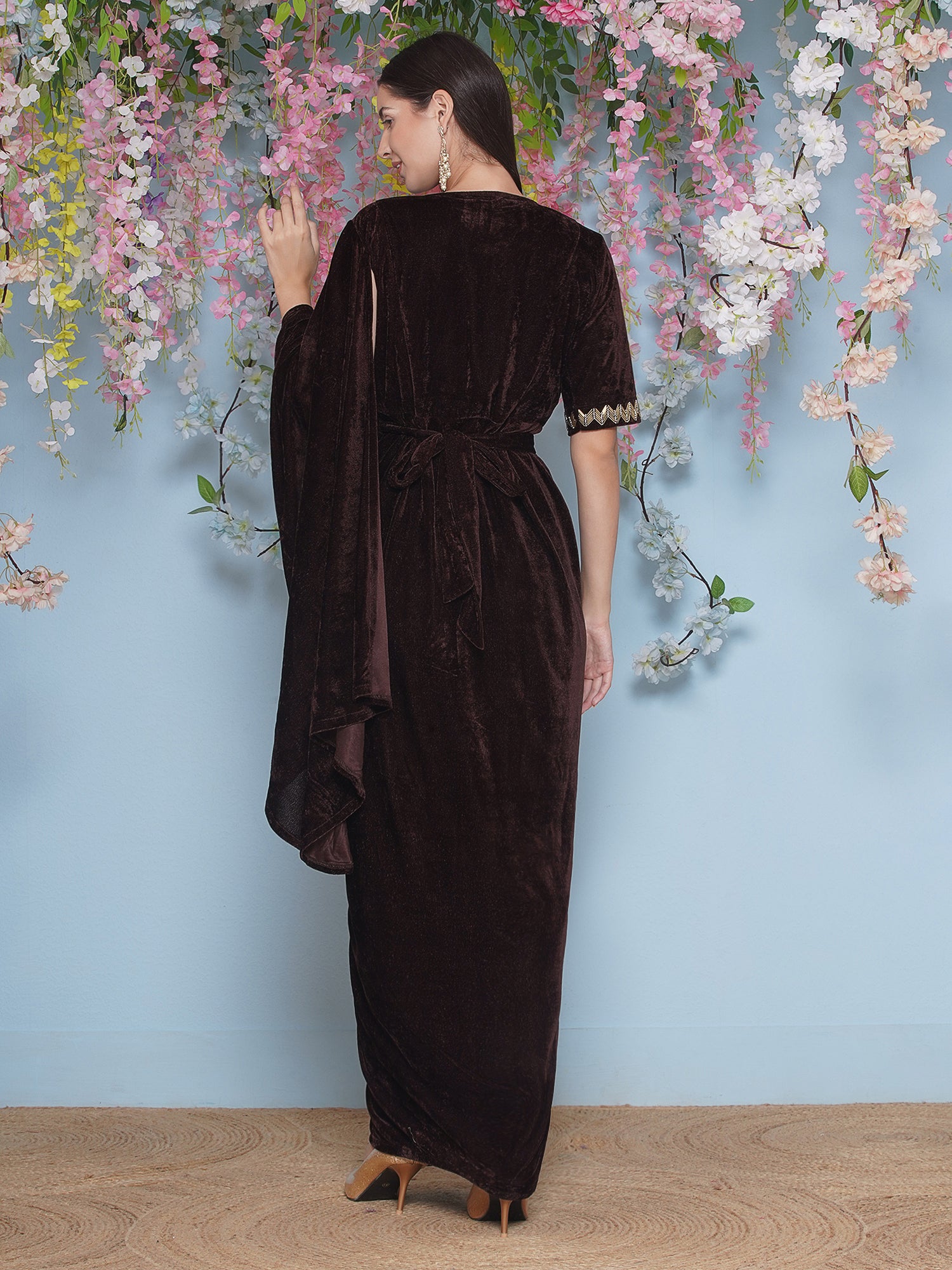 Women Brown Hand Embellished Gown With Drape and Belt