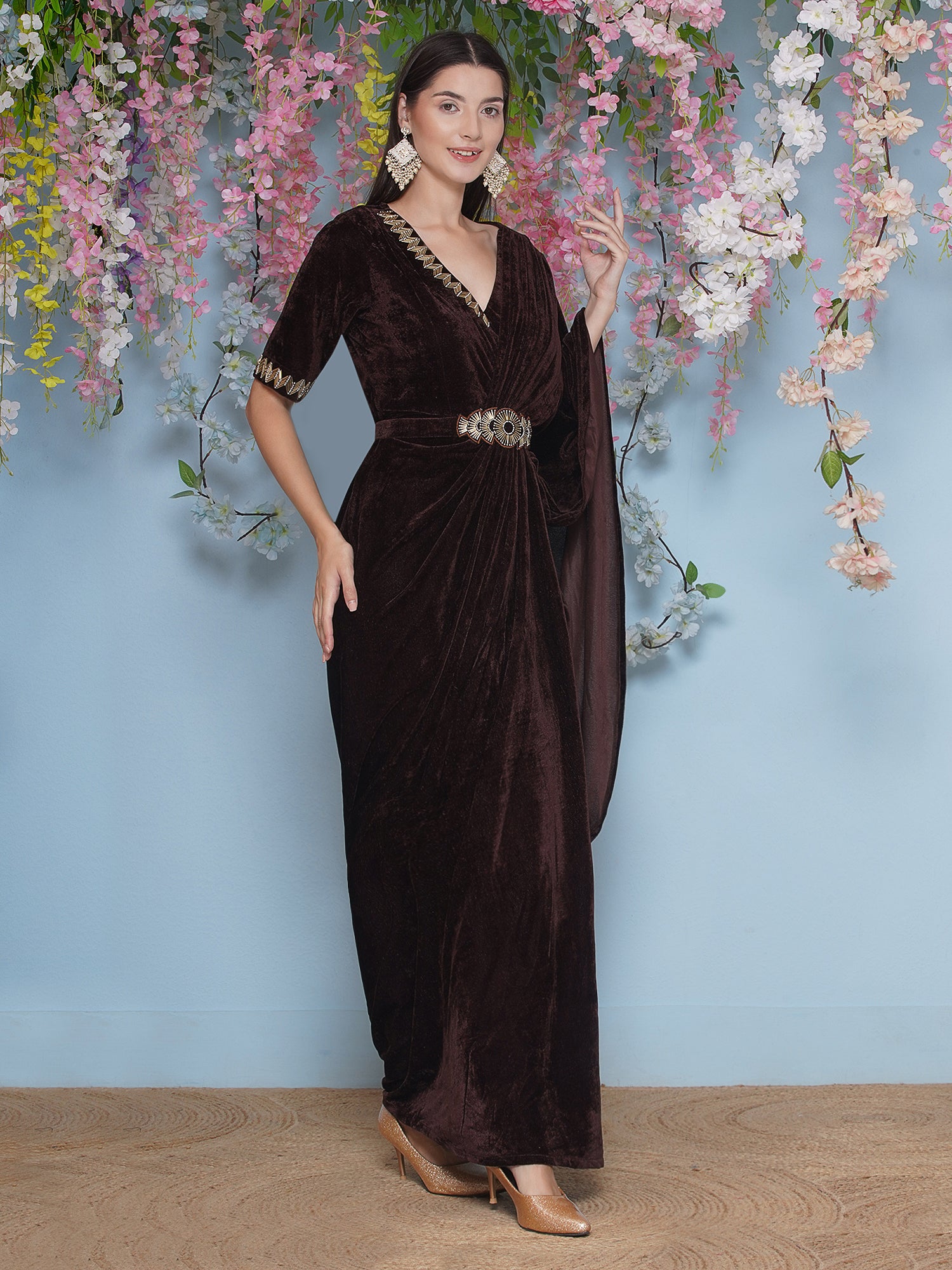 Women Brown Hand Embellished Gown With Drape and Belt