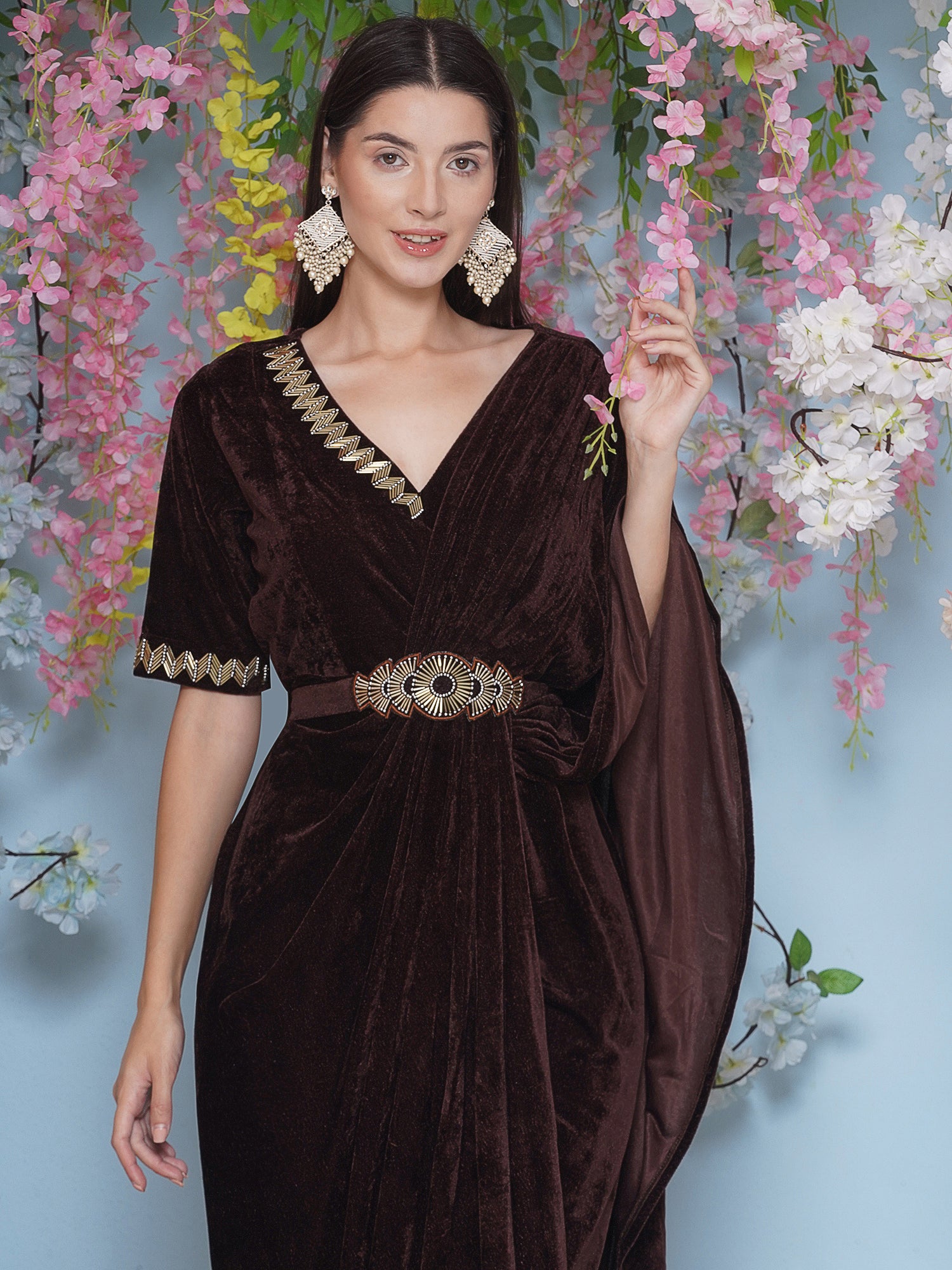 Women Brown Hand Embellished Gown With Drape and Belt