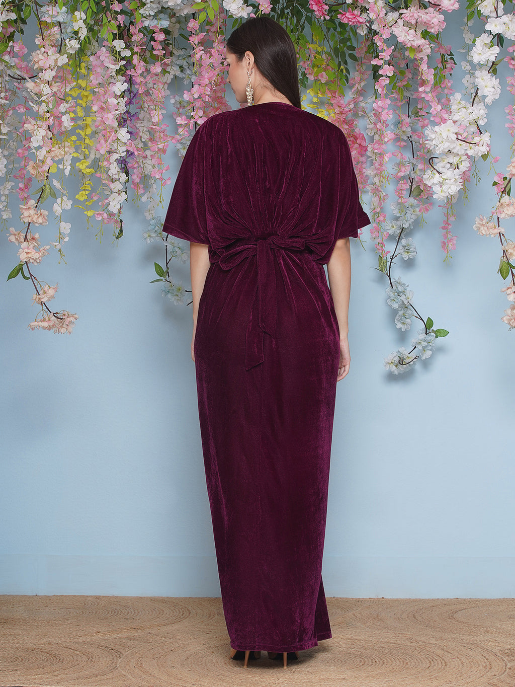 Women Wine Hand Embellished Velvet Gown With Belt