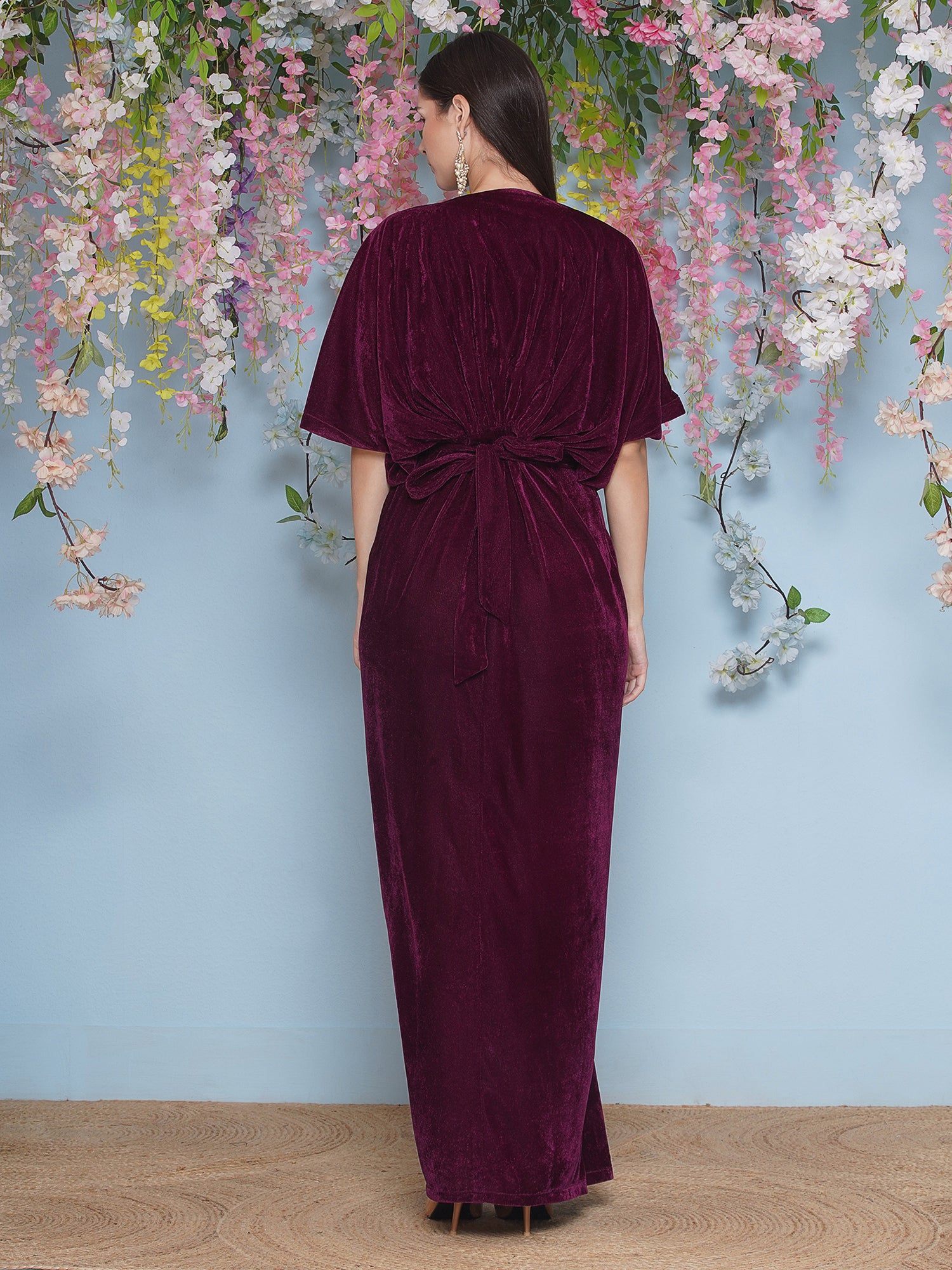 Women Wine Hand Embellished Velvet Gown With Belt