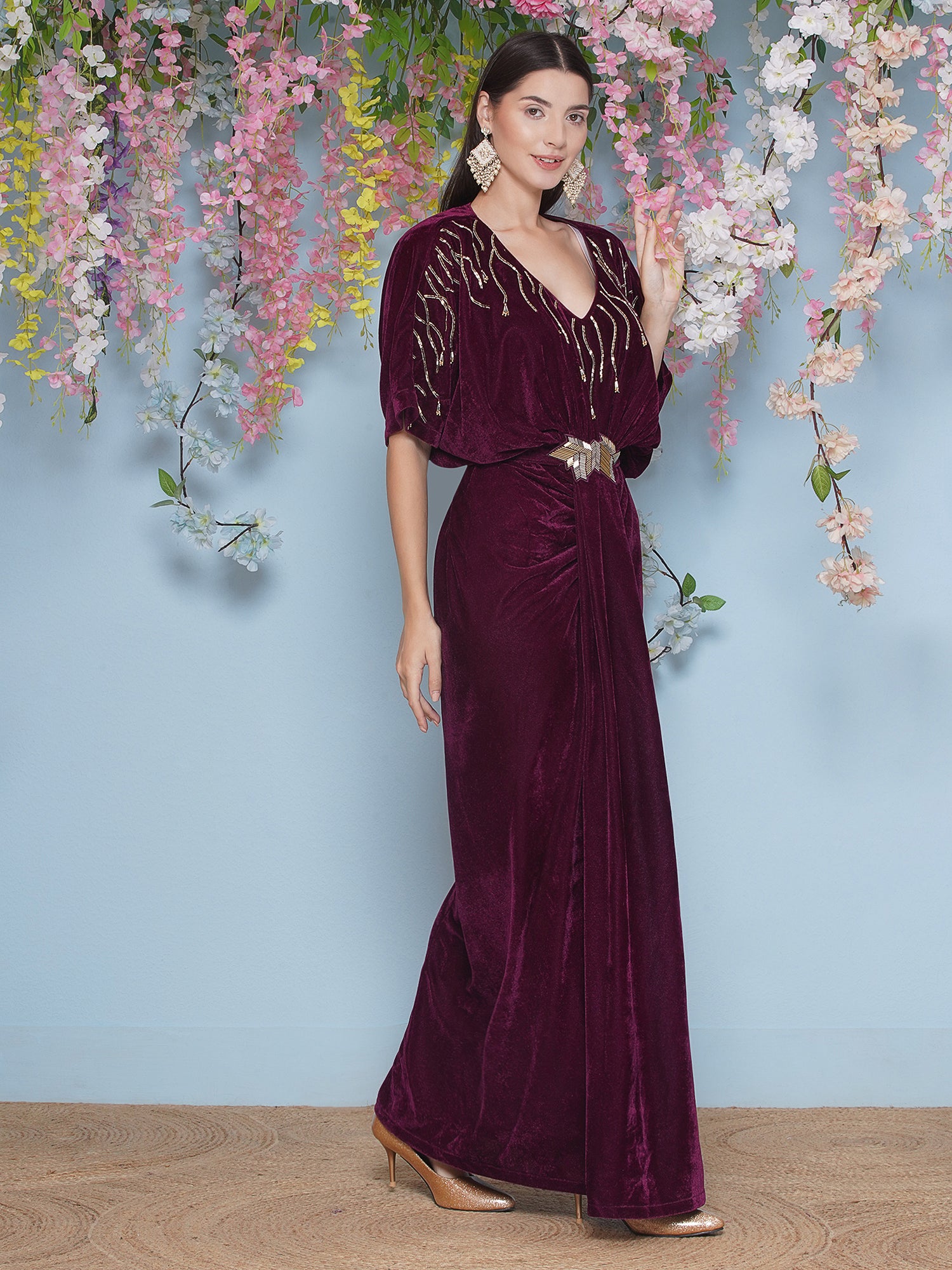 Women Wine Hand Embellished Velvet Gown With Belt
