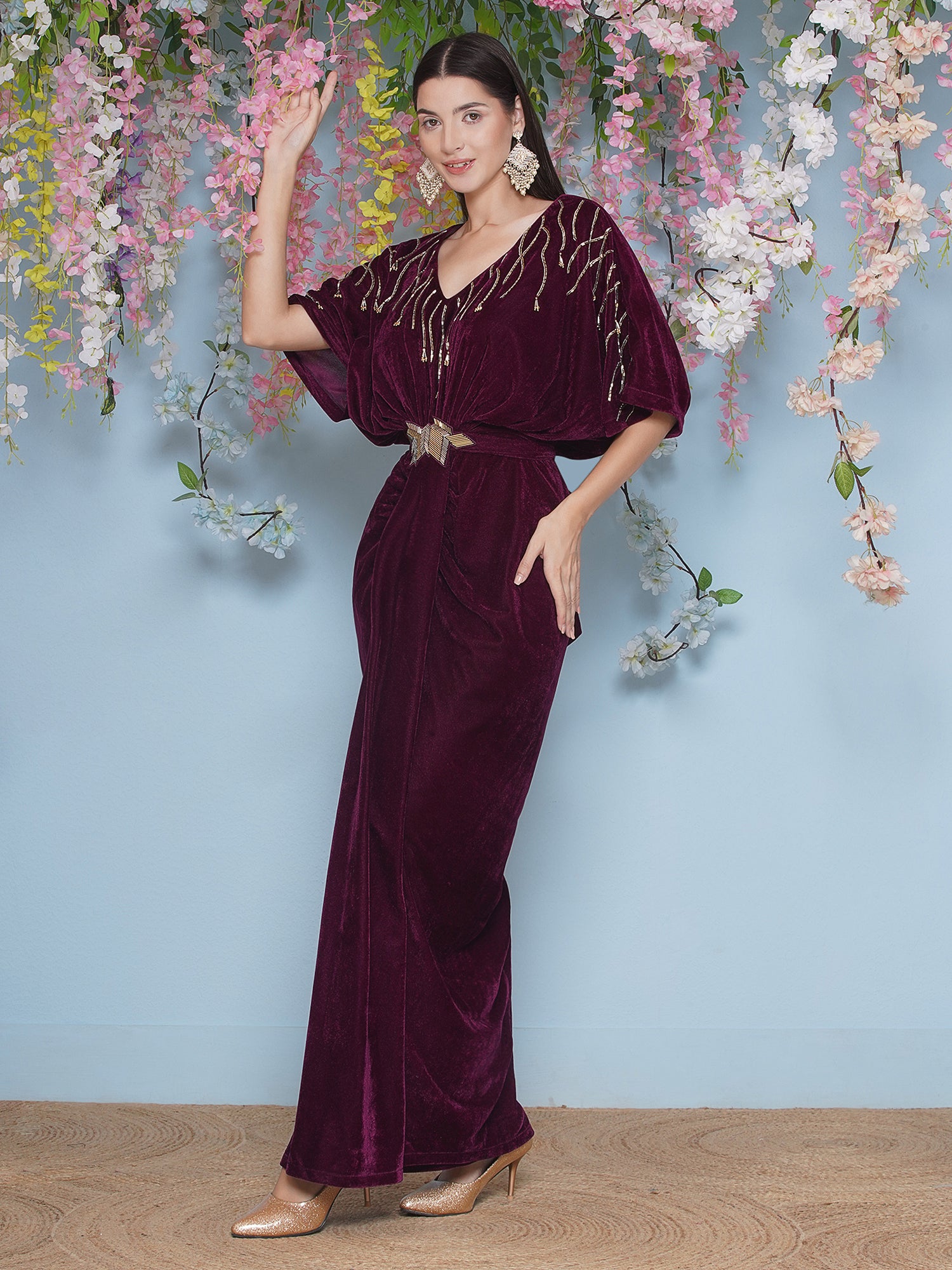 Women Wine Hand Embellished Velvet Gown With Belt