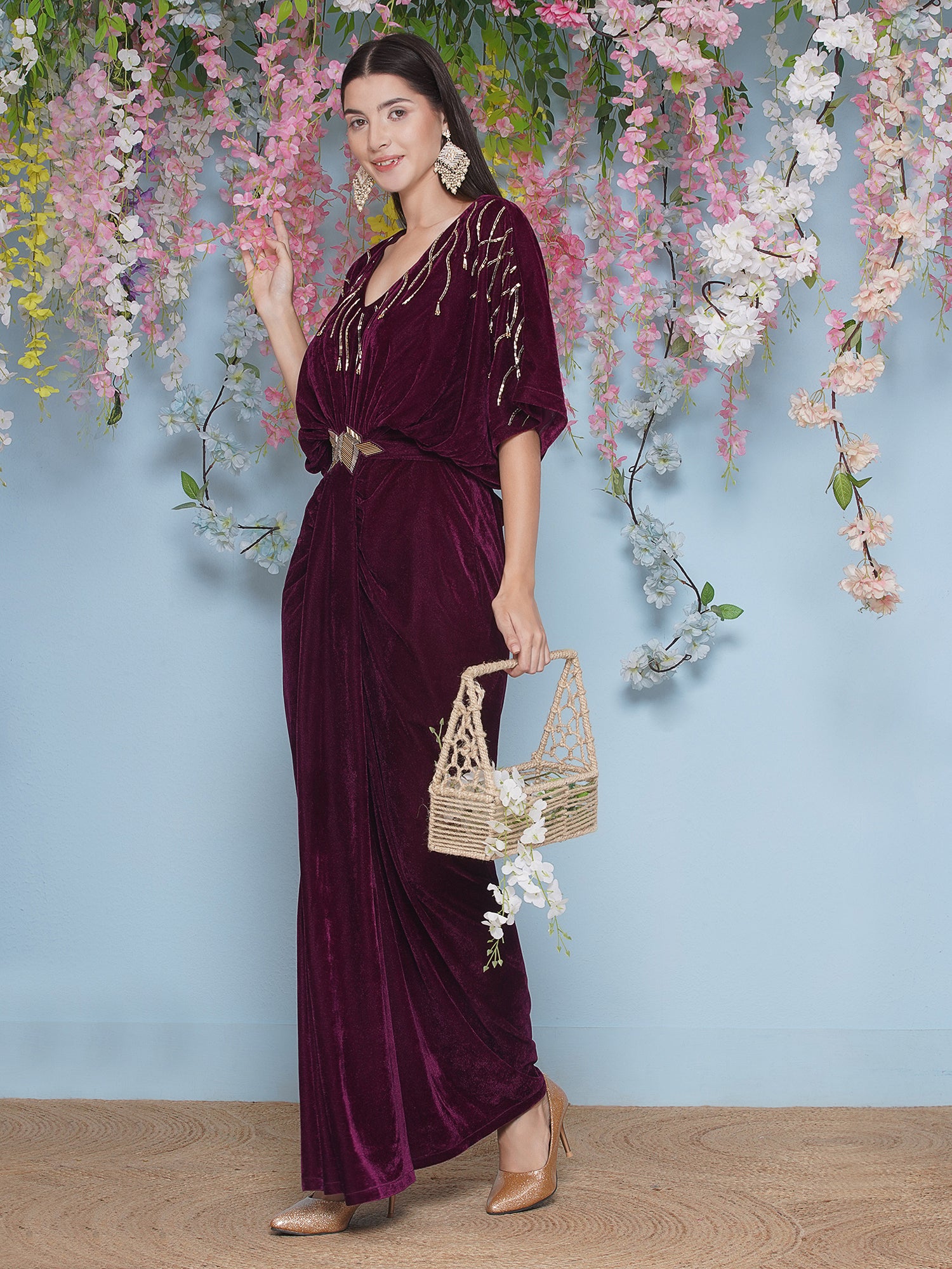 Women Wine Hand Embellished Velvet Gown With Belt