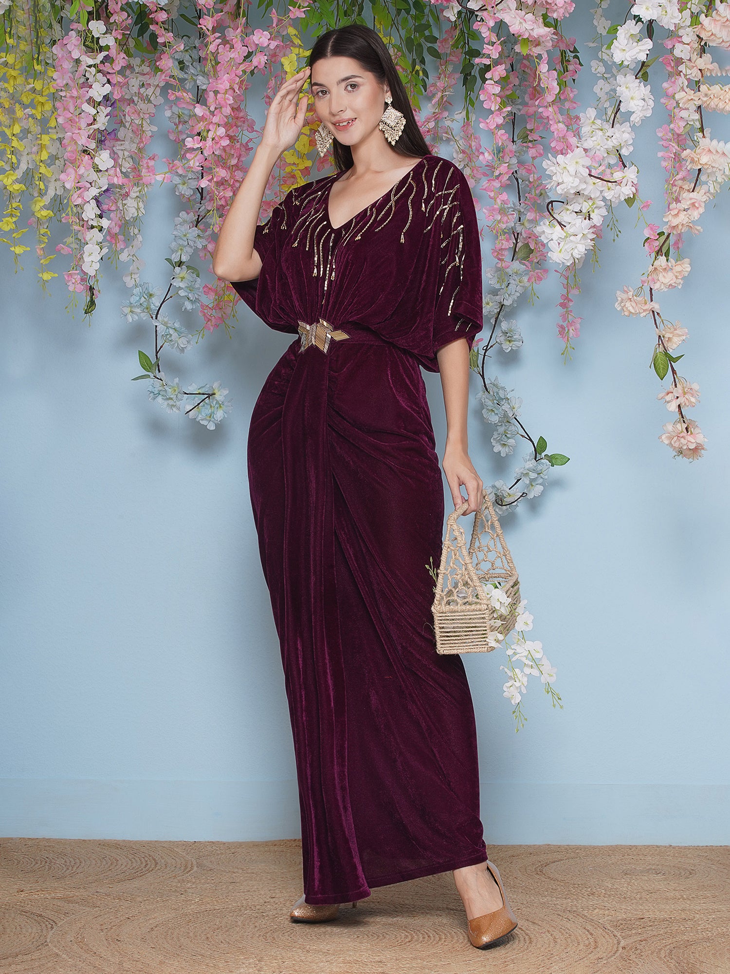 Women Wine Hand Embellished Velvet Gown With Belt