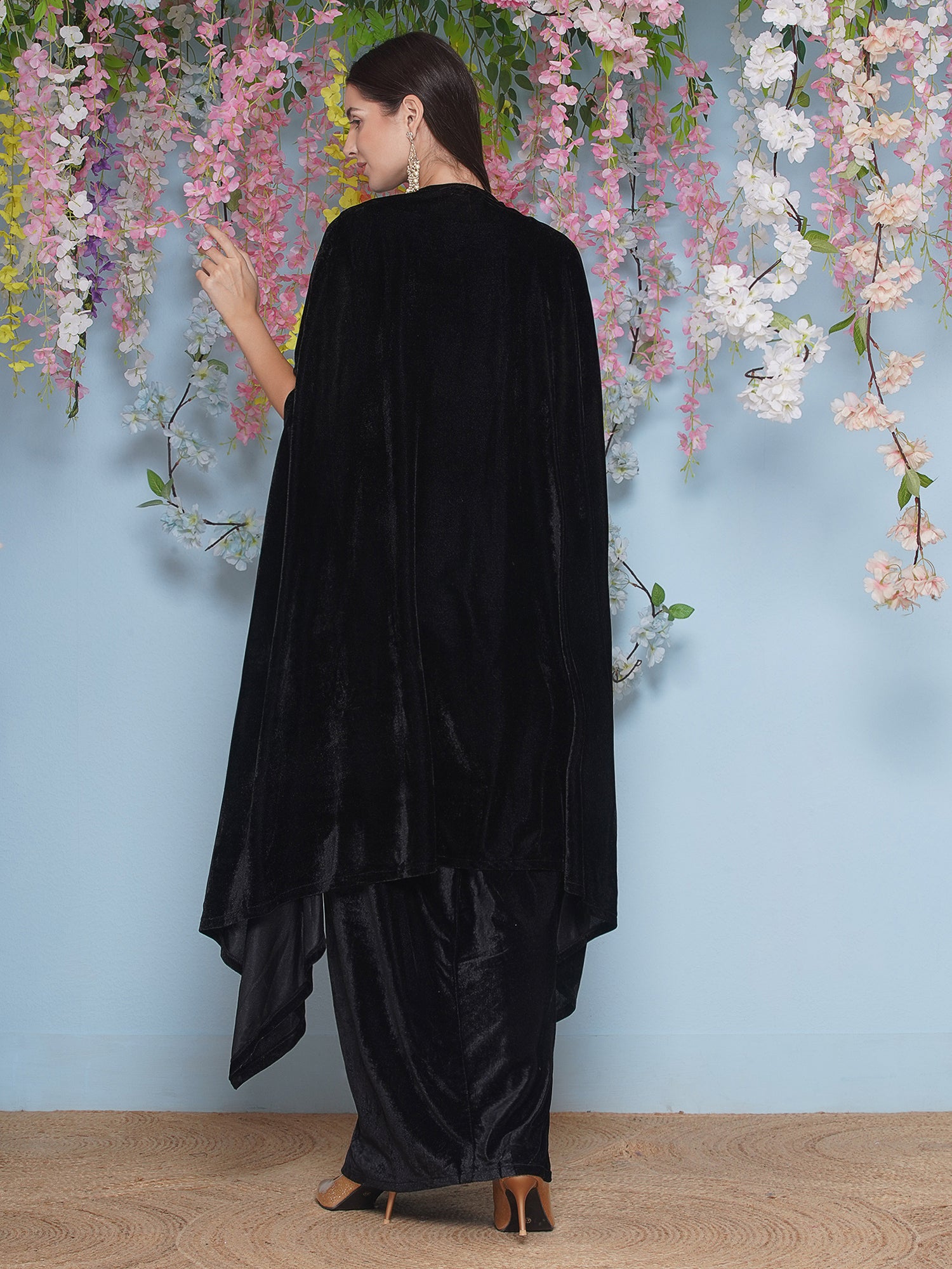 Women Black Hand Embellished Cape with Inner and Skirt