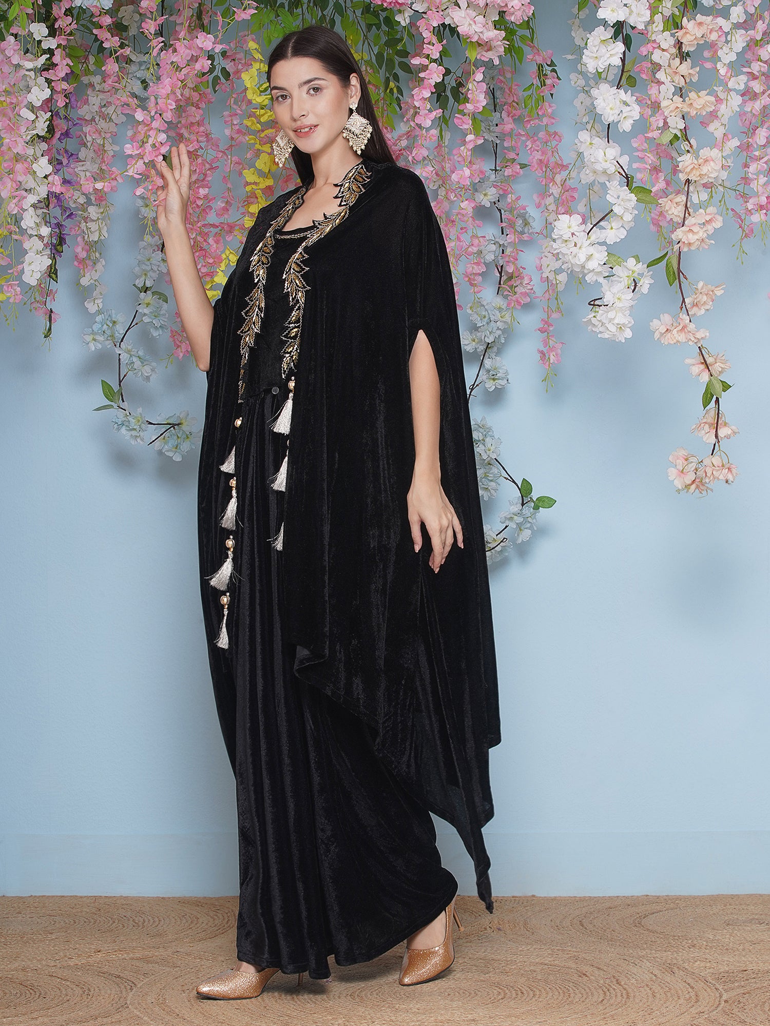 Women Black Hand Embellished Cape with Inner and Skirt