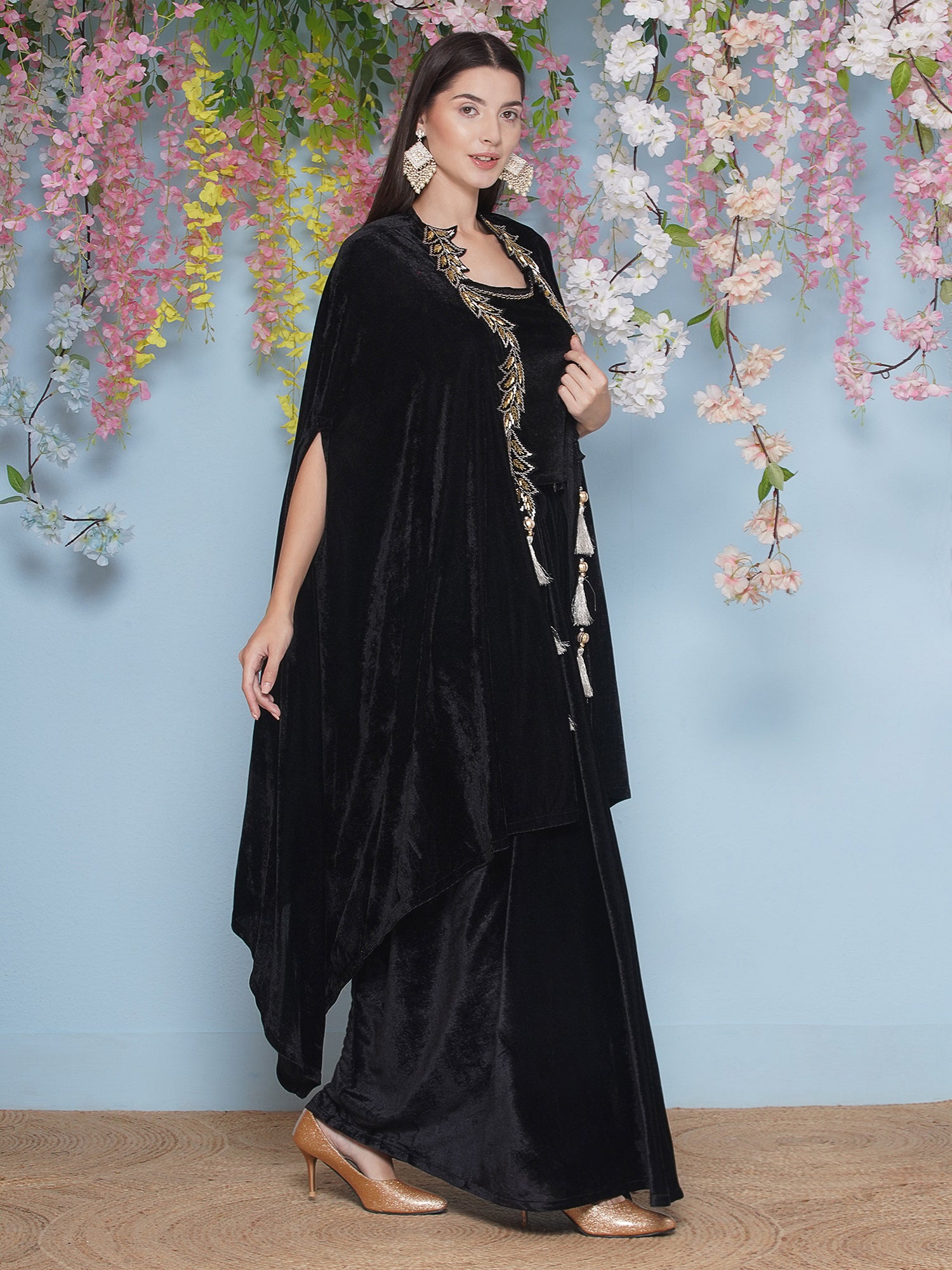 Women Black Hand Embellished Cape with Inner and Skirt