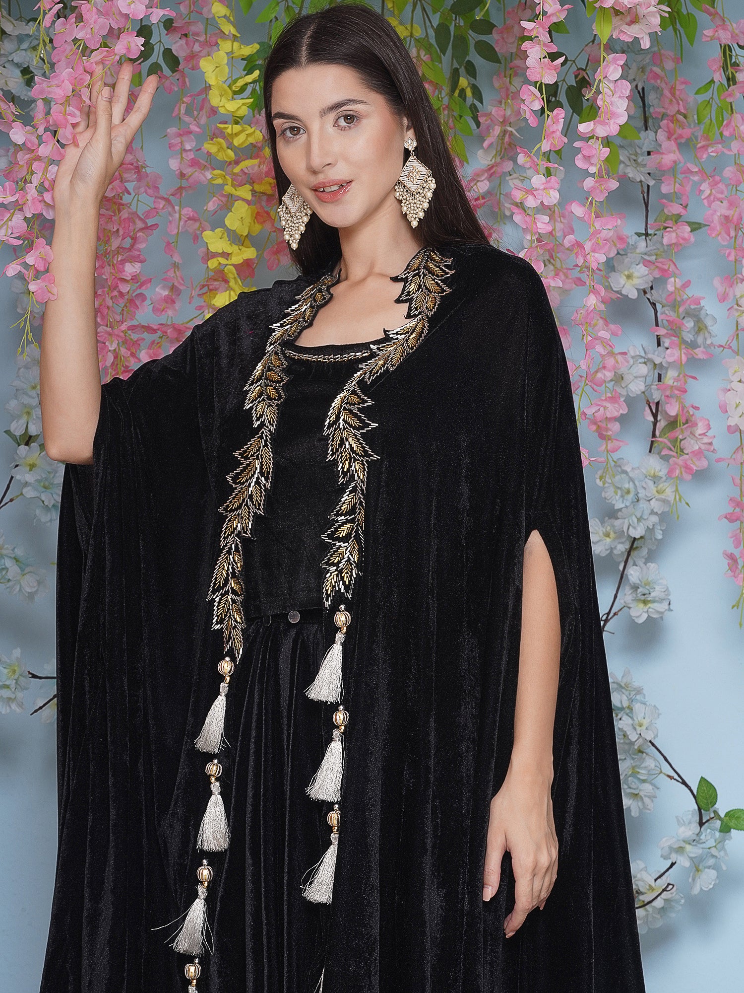 Women Black Hand Embellished Cape with Inner and Skirt