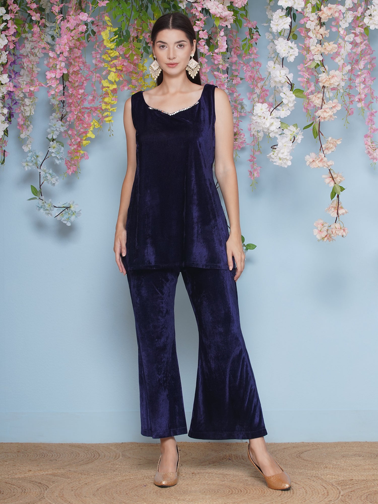 Women Navy Blue Velvet Cape Set