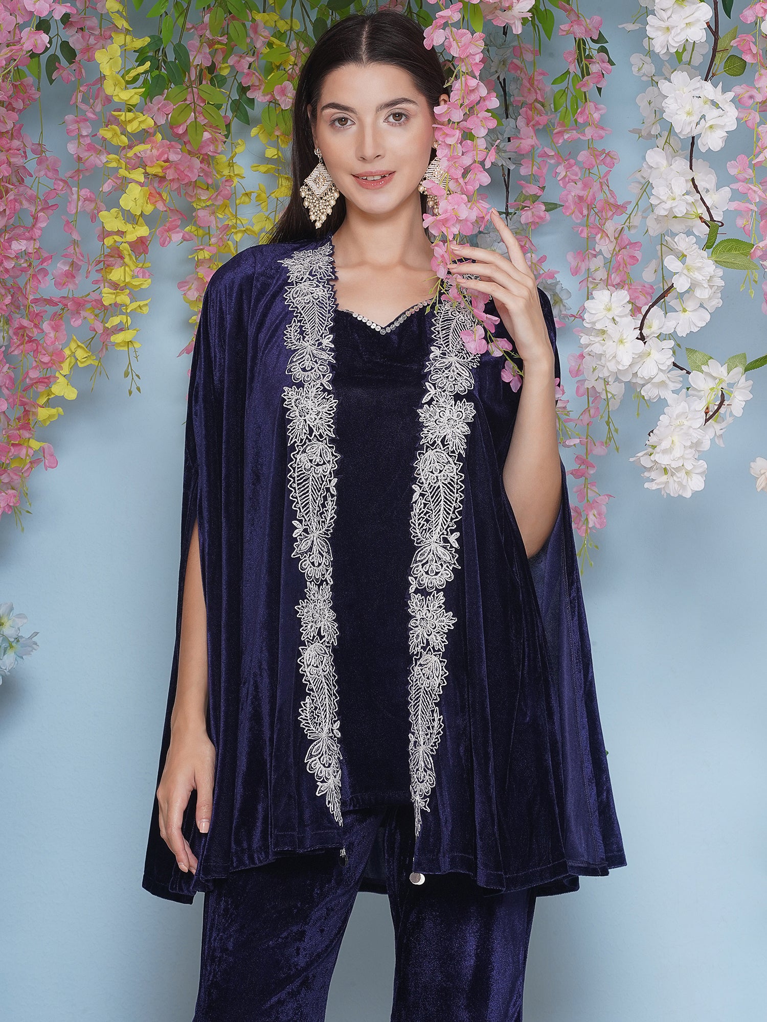 Women Navy Blue Velvet Cape Set