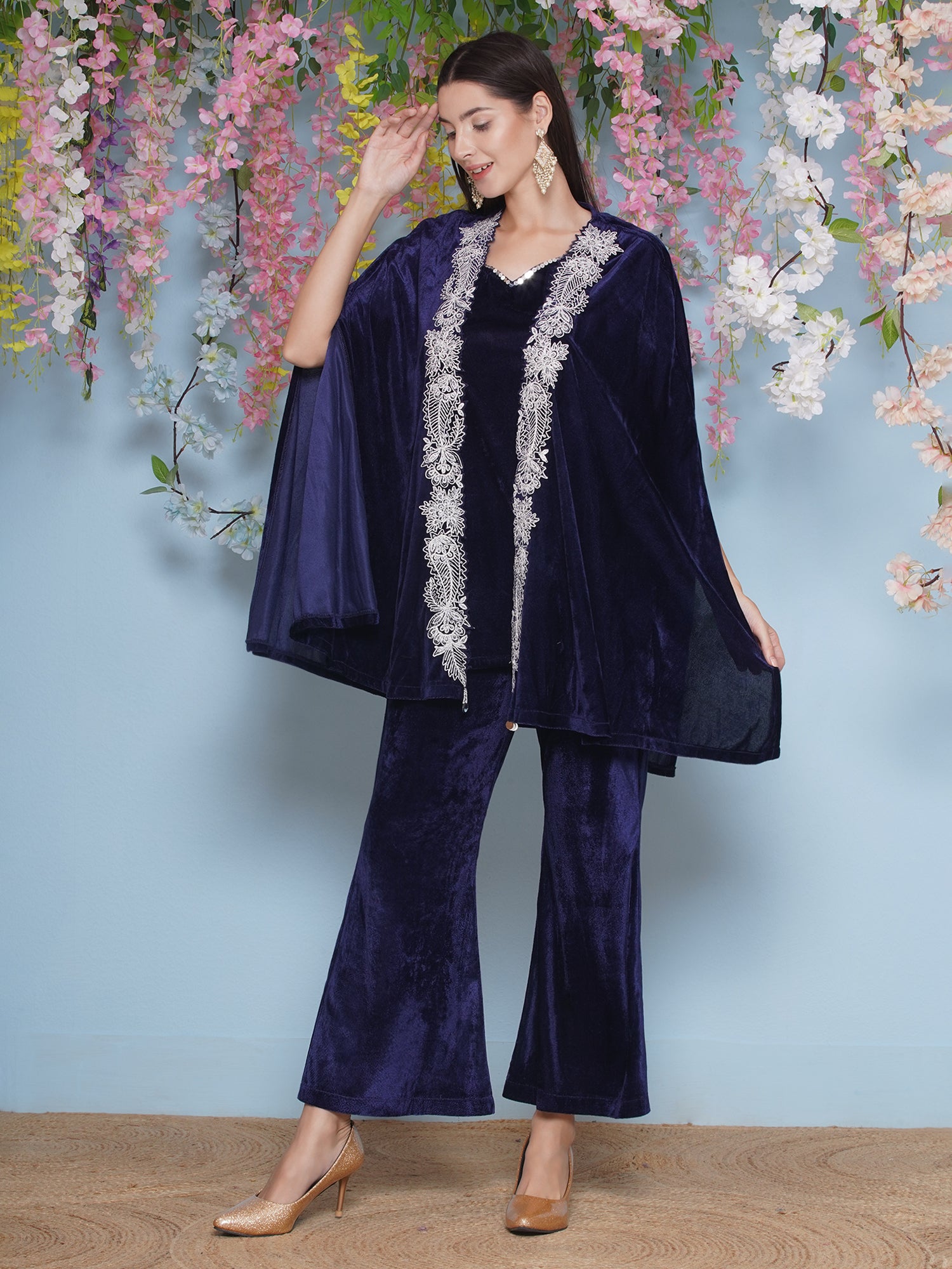 Women Navy Blue Velvet Cape Set