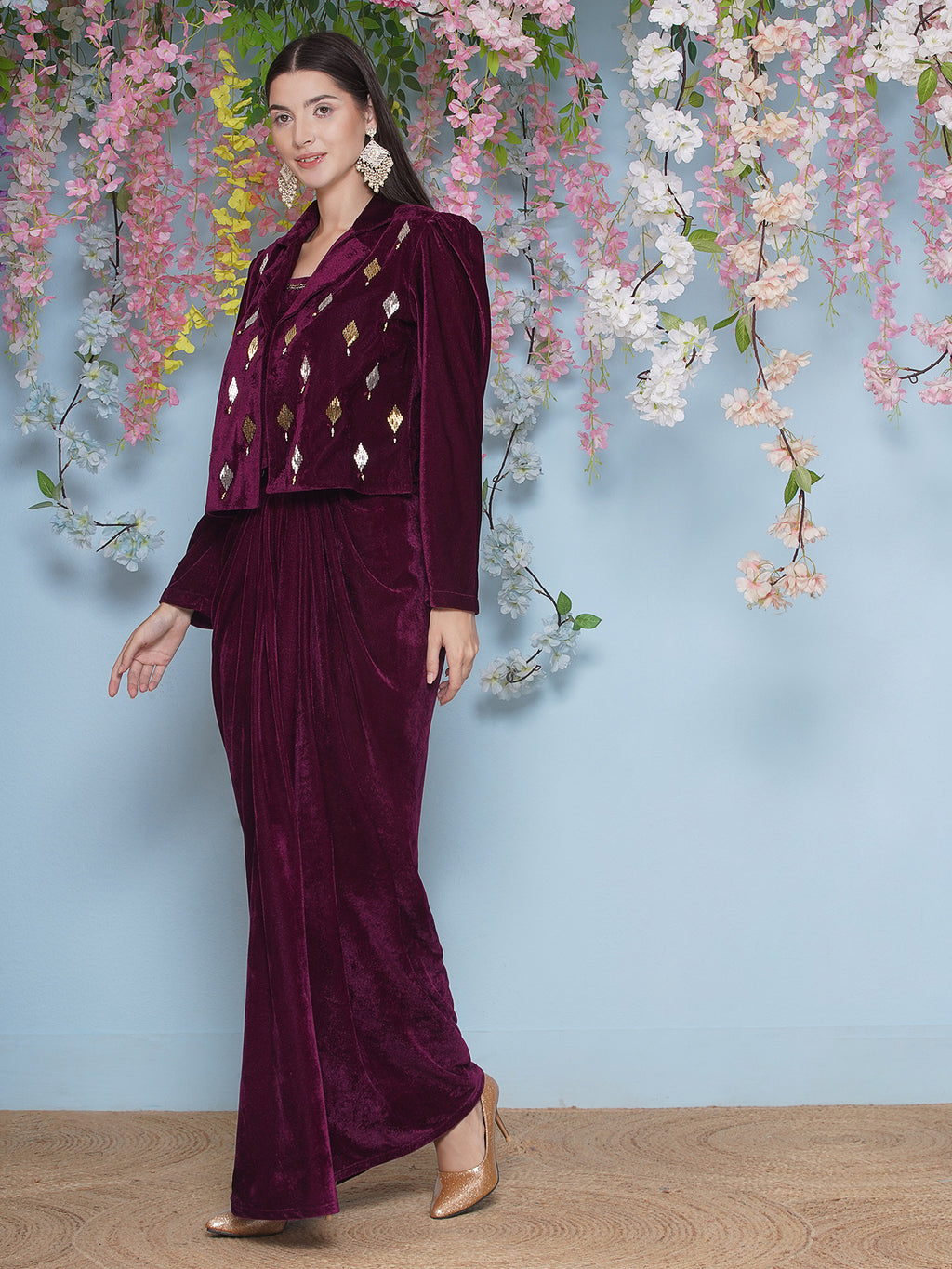 Women Wine Hand Embellished Jacket with inner and skirt