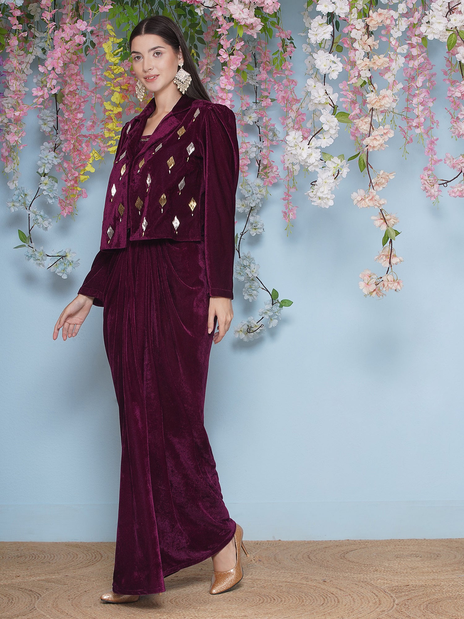 Women Wine Hand Embellished Jacket with inner and skirt