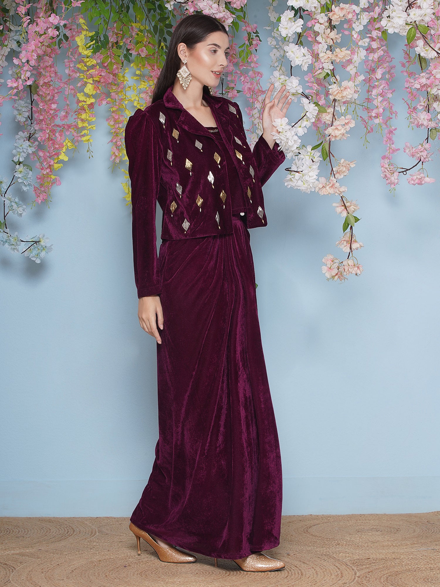 Women Wine Hand Embellished Jacket with inner and skirt