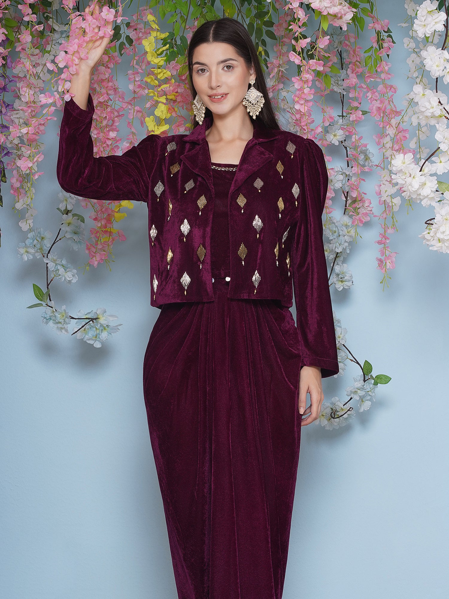 Women Wine Hand Embellished Jacket with inner and skirt